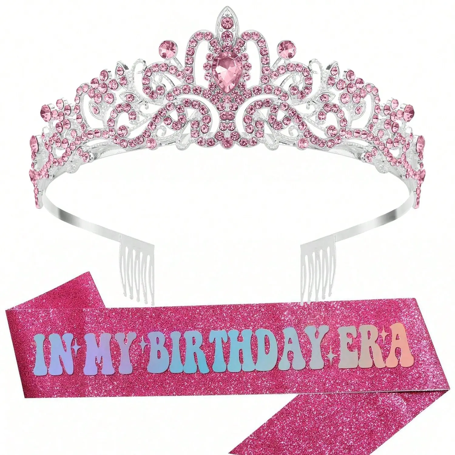2 Pcs "My Birthday Era" Sash & Crown Set, Birthday Crowns, Happy Birthday Sash with Iridescent Glitter Foil, Silver Black & Hot Pink Birthday Accessories for Women, Party Favor Decorations