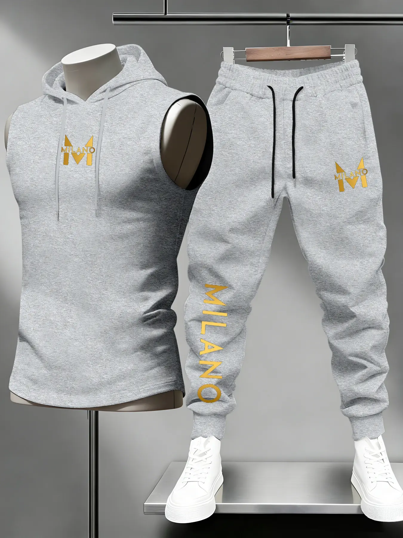 Men's Luxury Gold Embossed Milano Logo Hooded Sleeveless Set, Fitted Sporty Jacket + Letter Print Pants, European Style Fitness