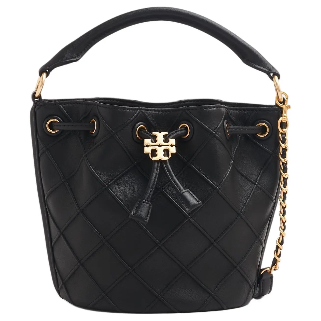 Tory Burch Fleming Logo Brass-Finished Pleated Quilted Leather Bucket Bag, Small Women’s Crossbody Handbag in Black
