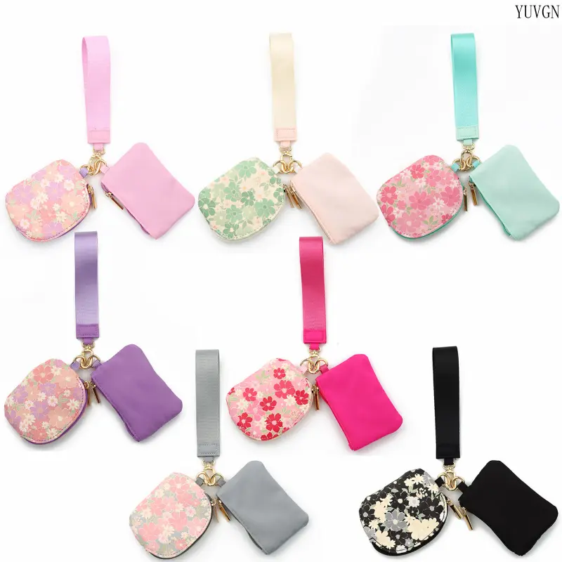 Floral Print Mini Zipper Pouch Set With Solid Color Small Bag, Wrist Strap Keychain Coin Purse, Dual Pocket Portable Earbud Card Holder, Cute Two-Piece Tiny Storage Bag For Keys, Cards & Small Accessories