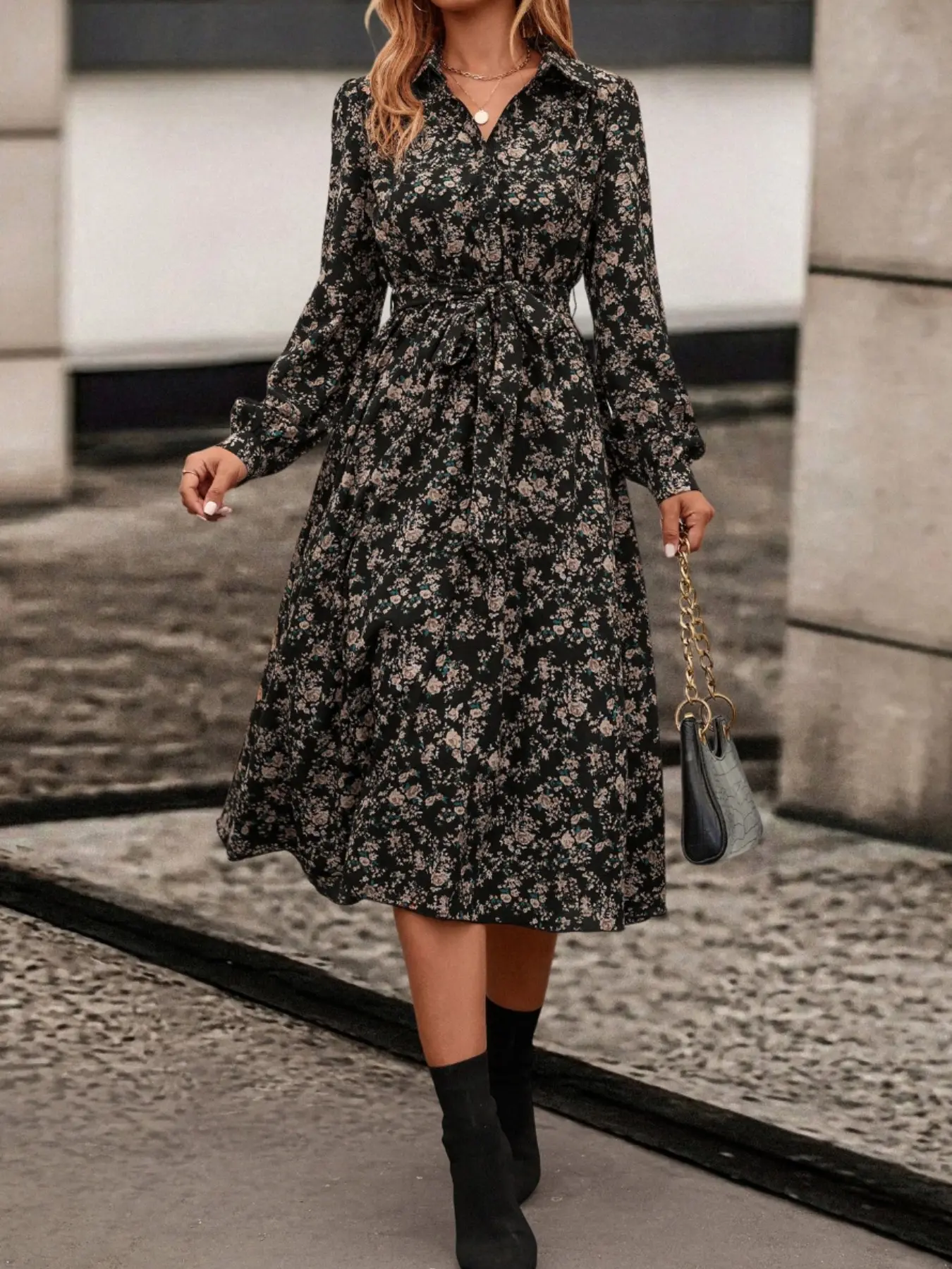 Women's Vintage Floral Midi Shirt Dress, Long Sleeve Collared Button Tie A-Line Flowy Dress, Perfect for Daily Wear, Fall, Office, Wedding Guest