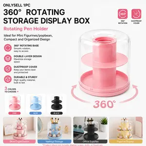 360 Rotating Pen Holder with Clear Display Case, 2-Tier Makeup Brush Storage Organizer Cosmetic Organizer Box Dustproof Pop Bean Figurine Showcase for Desk Office Supplies, Cosmetic Vanity, Mini Action Figures