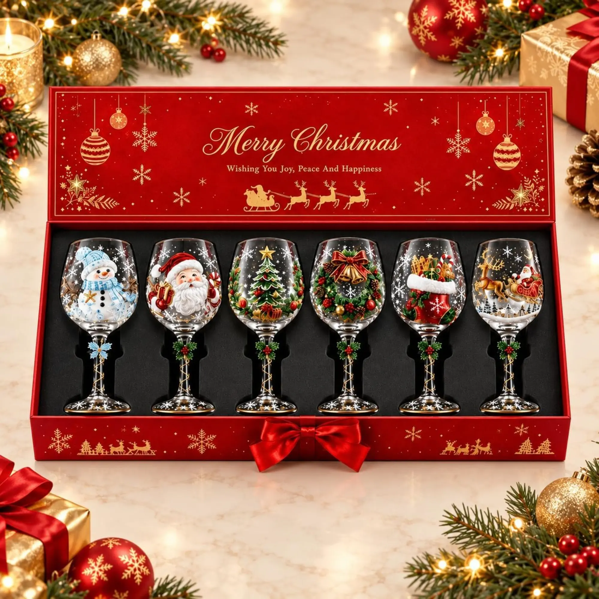 Christmas Art Glass Goblet Set, High-Value Painted Design, Luxurious Festive Glassware, Glass Drinking Glasses, Perfect Christmas Gift, Reusable and Washable