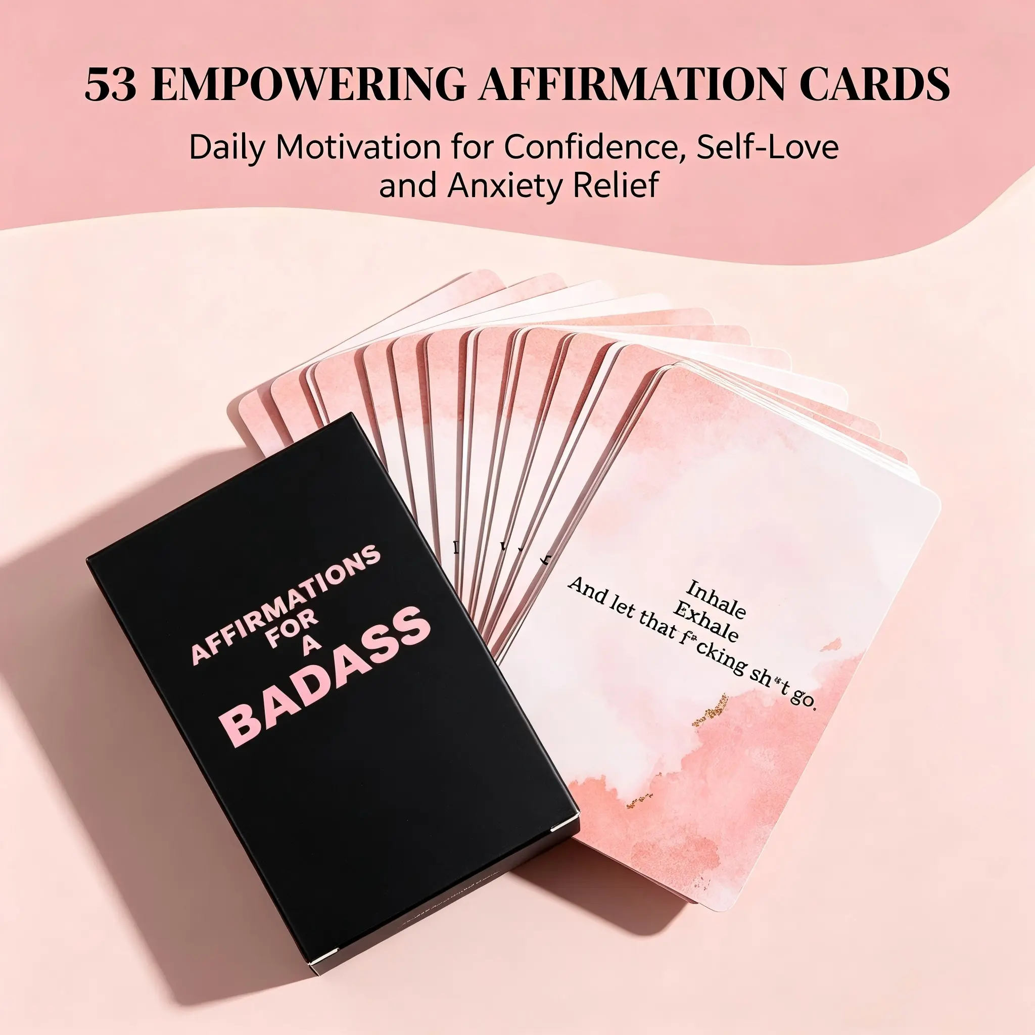Badass Affirmation Cards for Women, 53 Empowering Self Love Positive Daily Affirmation Deck, Portable Motivational Quote Cards for Anxiety Relief, Self Confidence & Mental Health, Pink Watercolor Inspirational Cards Gift for Her