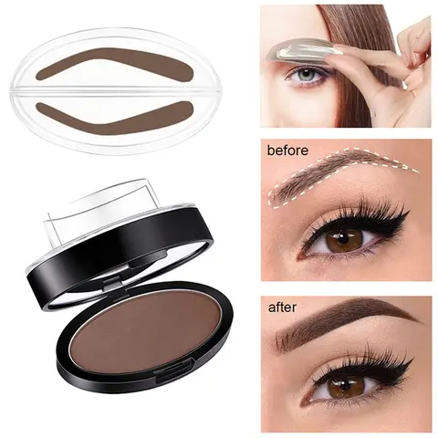 One-Step Eyebrow Stamp Powder Kit, Cosmetic Waterproof Long-Lasting Brow Shaping Kit with Eyebrow Stencil for Beginners, for Quick Natural-Looking Brows
