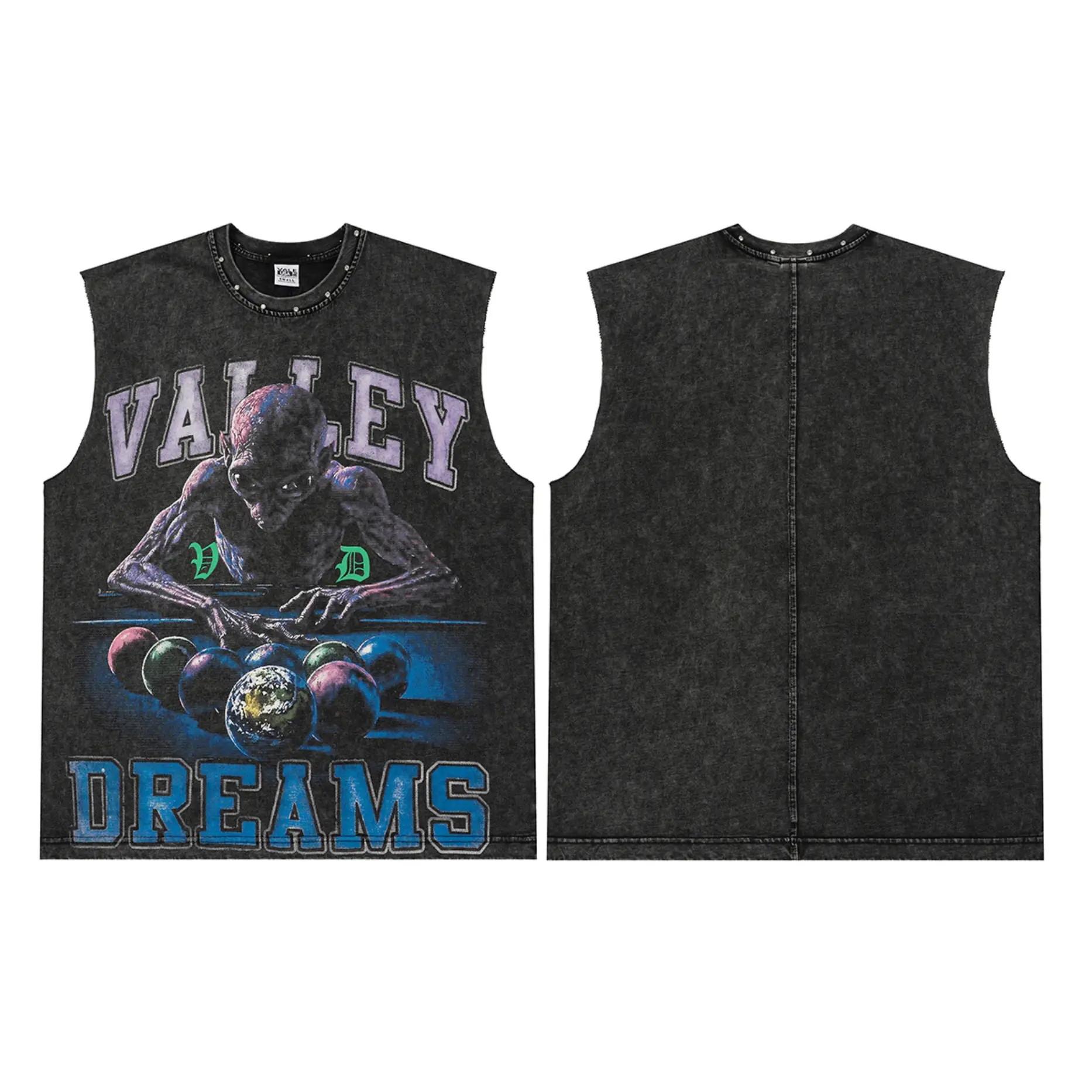 Valley Dreams Alien Billiard Graphic Tank Top Men Vintage Washed Black Rivet Neck Sleeveless Oversized Cotton Vest For 4th Of July Summer Hip Hop Streetwear Outfit