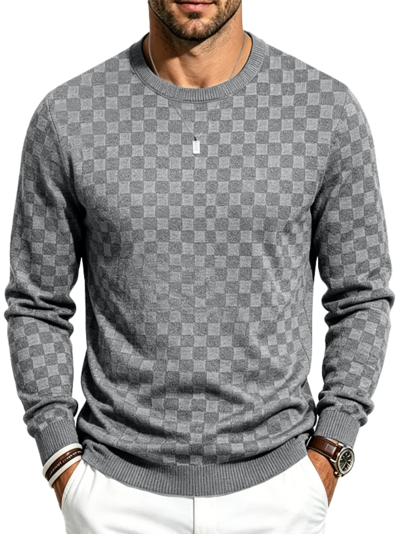 Men's Plaid Knitted Sweatshirt, Crewneck Textured Grid Pattern Long Sleeve, Soft Lightweight Casual Top, Minimalist Solid Color, Fall Winter Streetwear