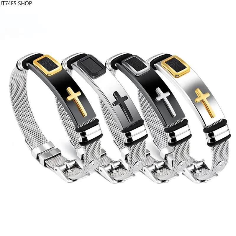 Adjustable Stainless Steel Cross-Motif Mesh Bracelet, Couple Pair Jewelry for Casual Wear, Anniversary Wrist Accessory