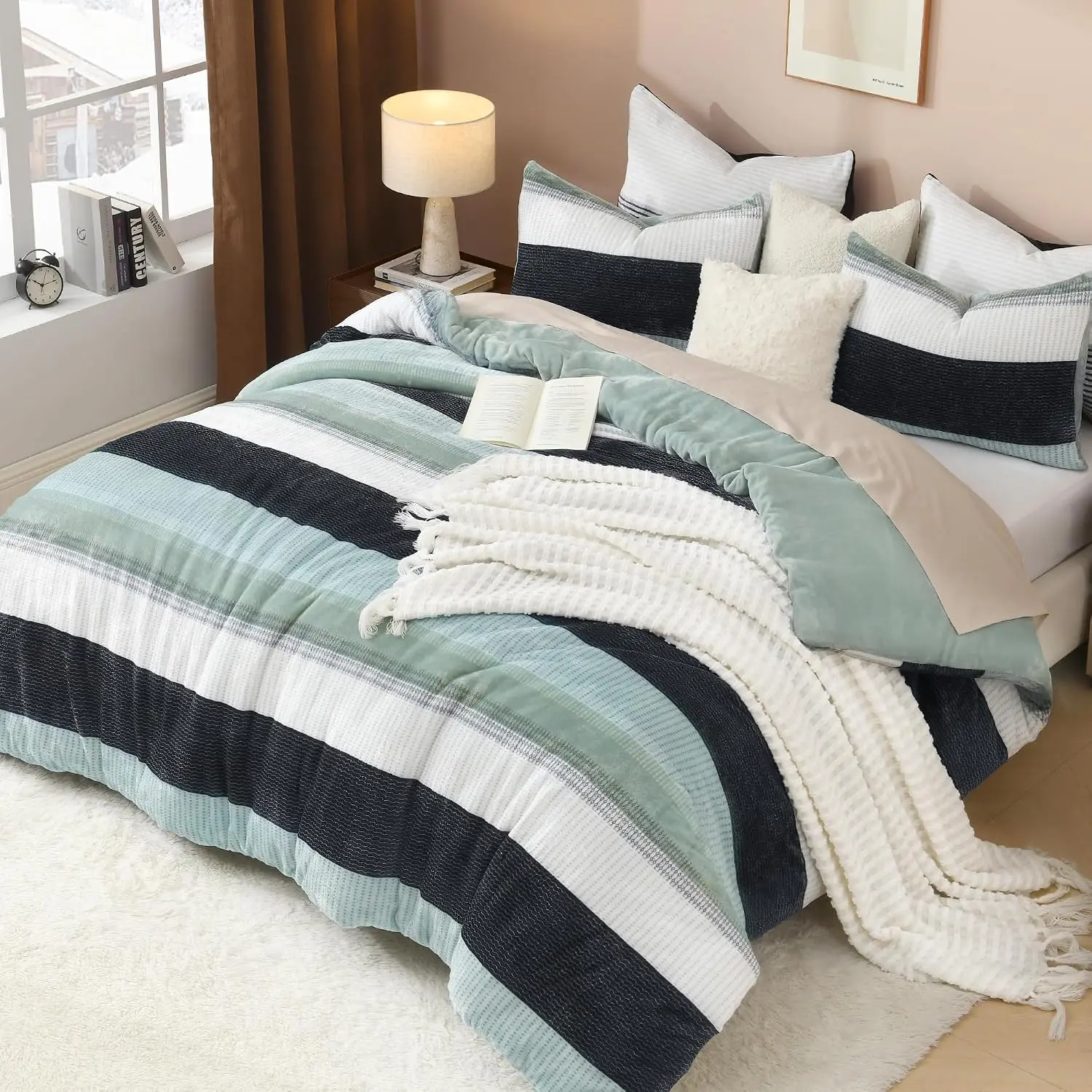 Fleece Queen Comforter Set, 3 Pcs Sage Green Stripe Bed Set |   Luxury Soft Plush Fuzzy Soft Lightweight Breathable Bedding with Pillowcases Warm Shaggy Faux Fur Fabic All Season