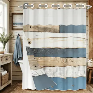 1pc hookless shower curtain with buckle lining, gray, blue wood grain patchwork design, fabric waterproof lining, see-through double-layer, 71 x 74 inches, modern home curtain, Bathroom Decor, Shower Curtain Liner