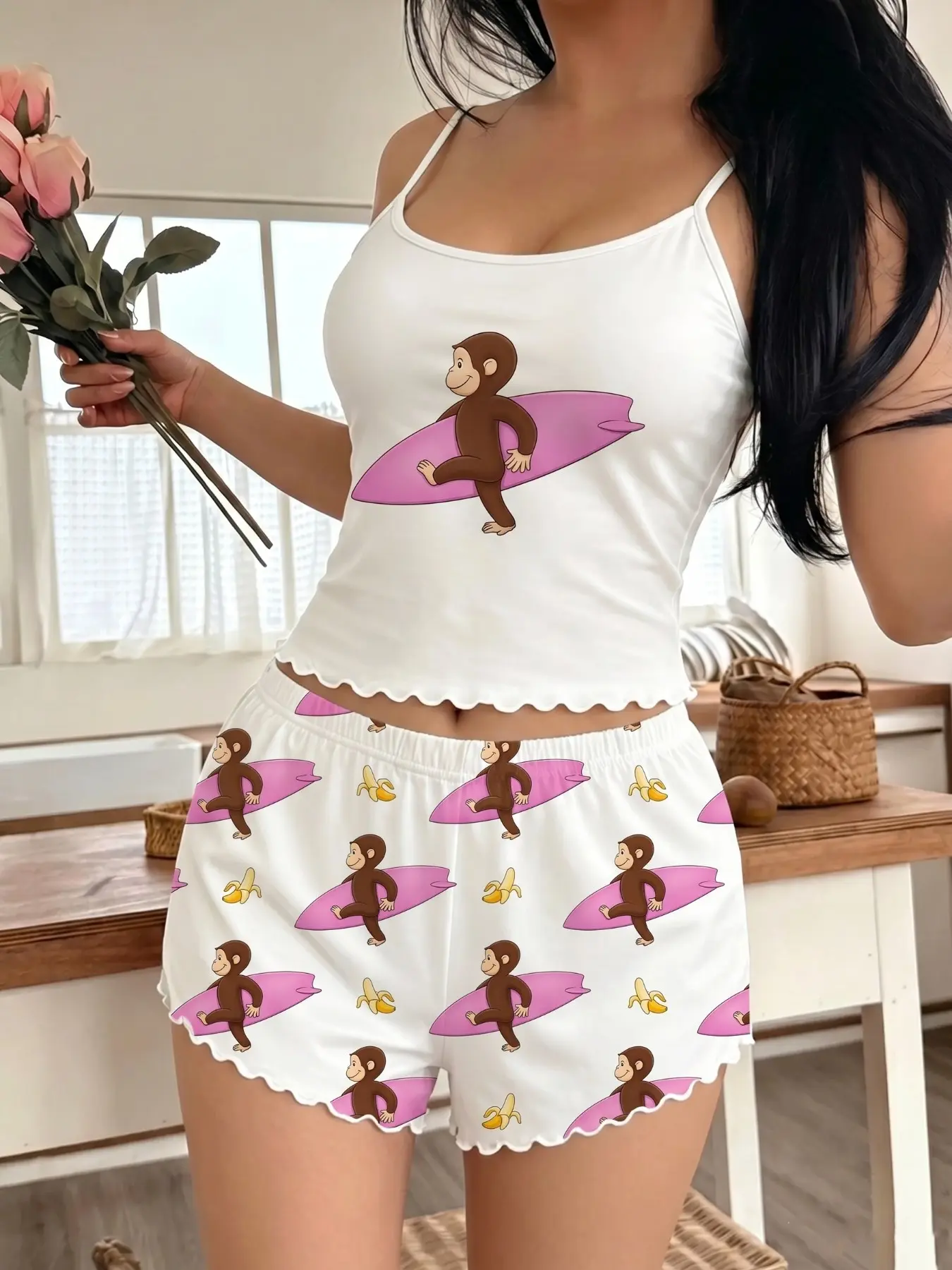 Women's Two-Piece Pajama Set, Sleeveless Top & Loose Shorts, Monkey Surfboard Pattern, Casual Home Wear Loungewear, Comfortable Sleepwear