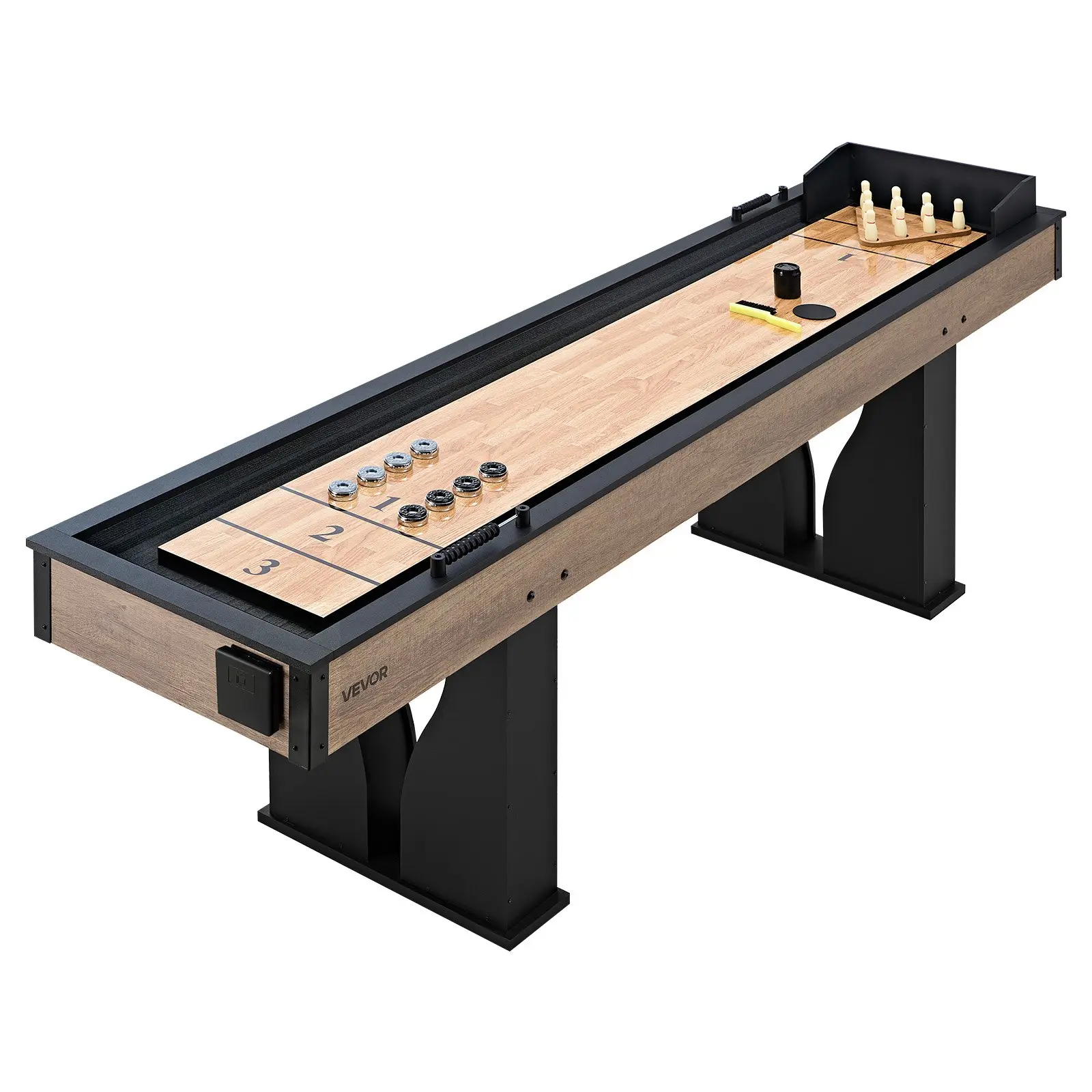 【DealsForYouDays】VEVOR 9 ft LED Shuffleboard Table, 2 in 1 Shuffleboard and Bowling Combo Set, Shuffle Board with Light‑Up Rails, Scratch-Resistant Playfield, 8 Pucks, Bowling Set, Wax, Brush, for Family Game Room