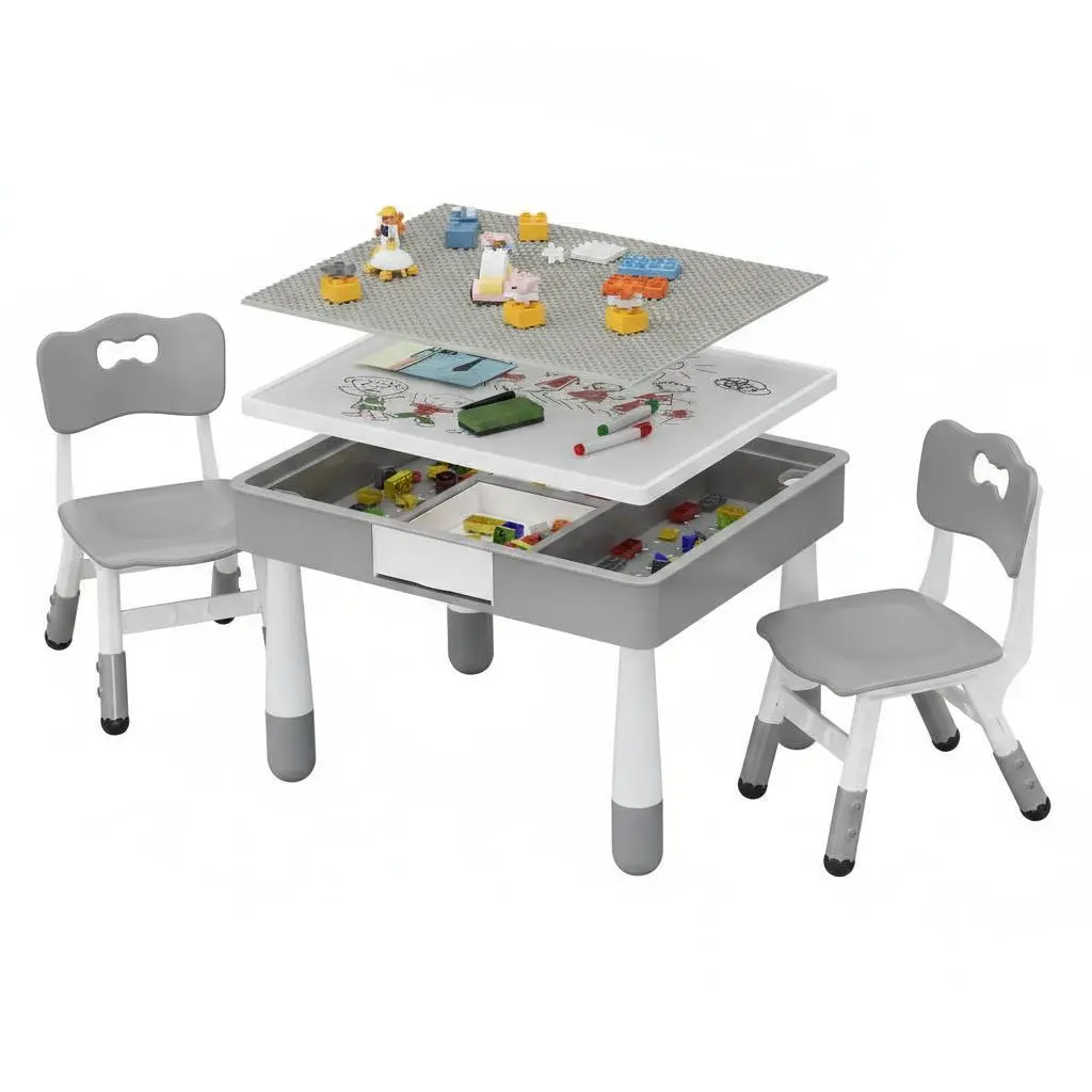 4-in-1 Kids Activity Table Set with 2 Adjustable Chairs – Double-Sided Graffiti & Building Block Tabletop – Multi-Purpose Desk for Drawing, Reading, Dining, Play – Perfect for Kids Ages 3-10