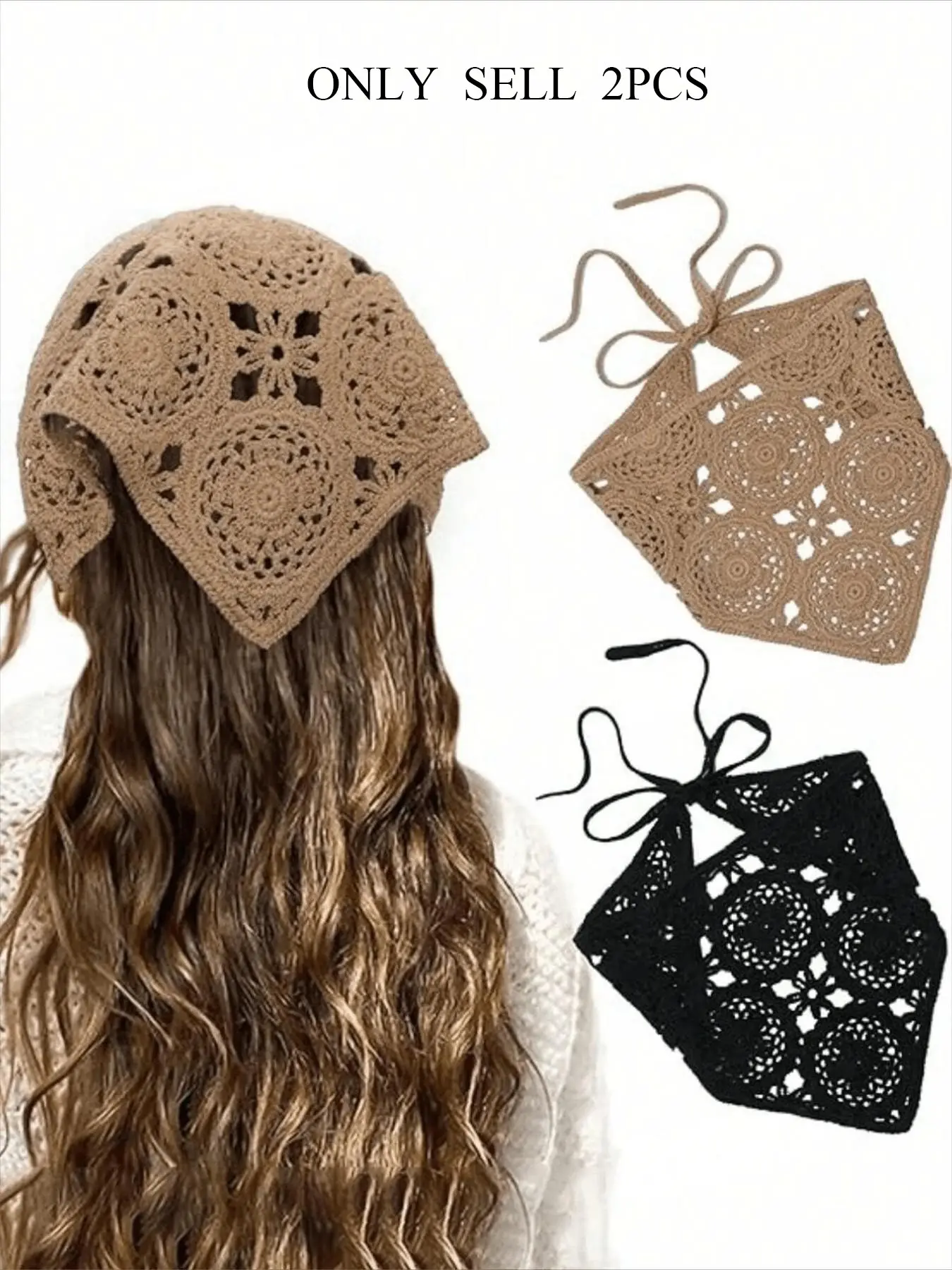 2pcs Women's Boho Headscarf, Knitted Triangle Scarf, Floral Vintage Farmhouse Style, Fashion Hair Accessory, Fringe Hairband, Western Scarf, Ideal for Holidays