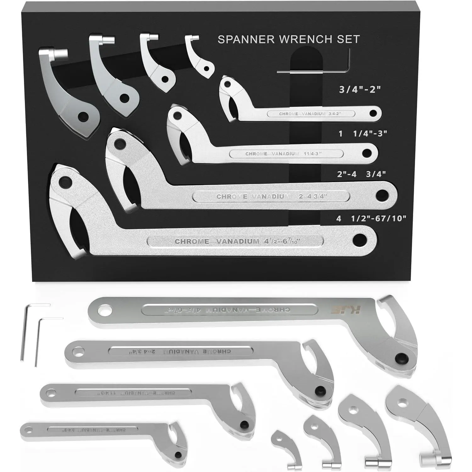 10 count Adjustable Pin Spanner Nut Wrench Tool Set, C-Shape Pin Hook Wrench Tools with Replaceable Heads for Pipes Heating , Coilover Wrenches for Suspension System, Bearing, 3/4" to 6-7/10"