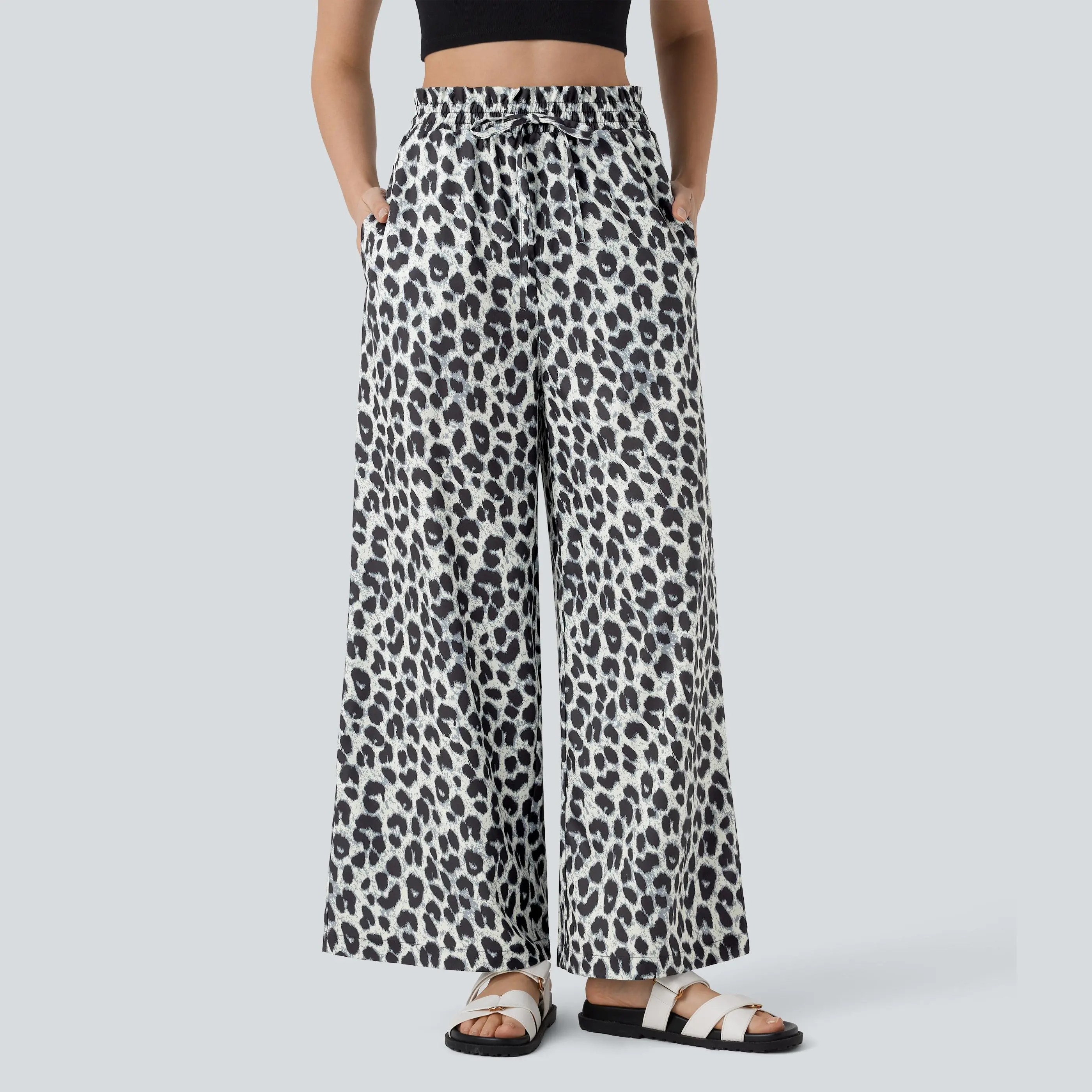 Halara High Waisted Drawstring Side Pocket Leopard Print Wide Leg Casual Pants