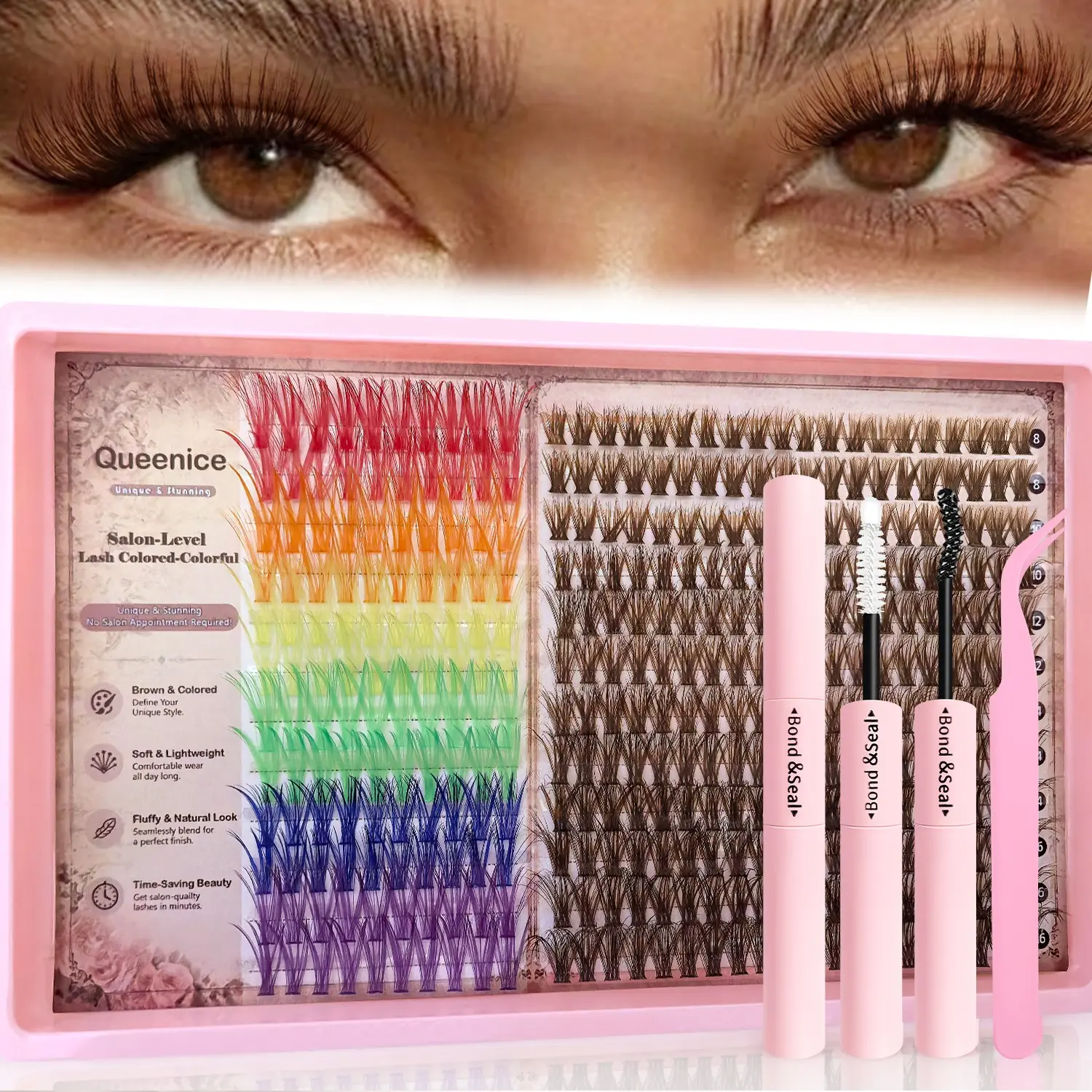 Lash Extension, Cluster Lash Set, Brown and Colorful Clusters, D Curl 8-16Mm 5 Mixed Density 60D Fluffy Thick False Lashes, Dramatic，for Daily/ Work/ Party/ Dating,Makeup, Luxurious Fake Eyelashes, Volumized False Eyelashes