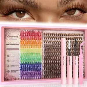 Lash Extension, Cluster Lash Set, Brown and Colorful Clusters, D Curl 8-16Mm 5 Mixed Density 60D Fluffy Thick False Lashes, Dramatic，for Daily/ Work/ Party/ Dating,Makeup
