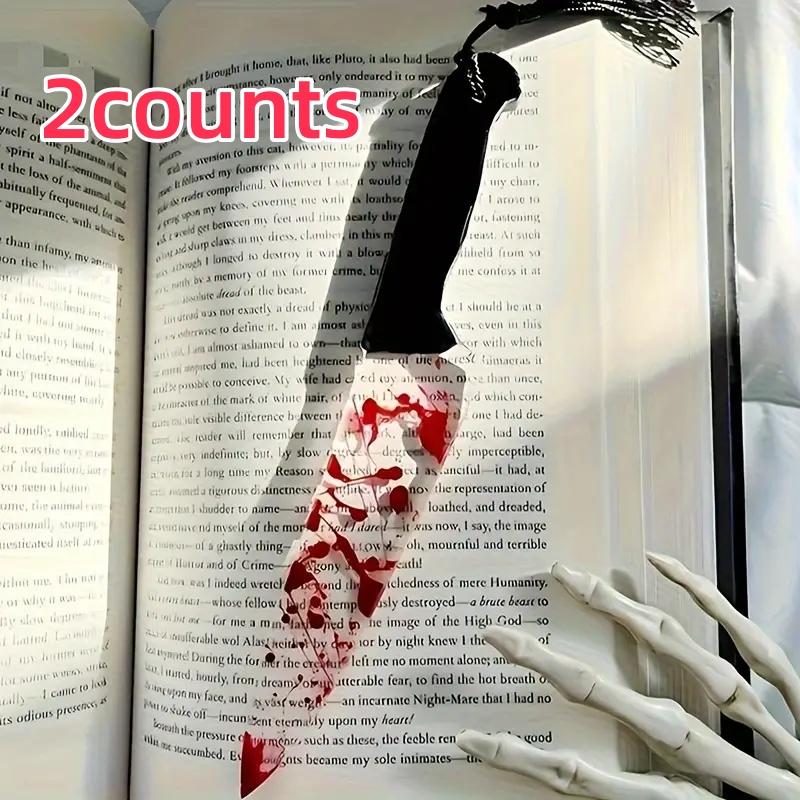 Gothic Horror Acrylic Bookmark Set, Blood Knife Design with Tassels, Durable Transparent Page Markers for Halloween Reading