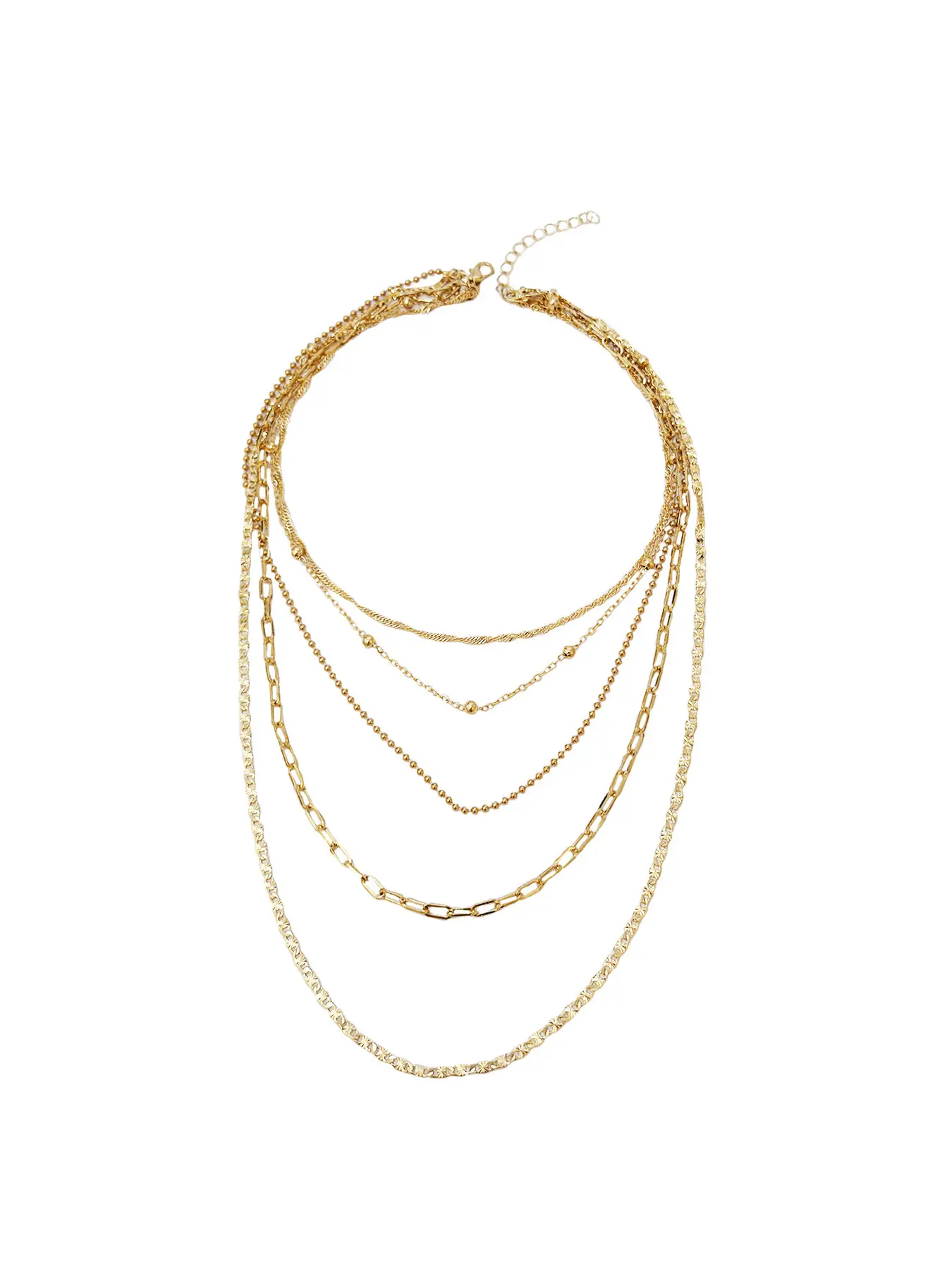 Dainty 5 Layer Gold Stack Necklace Set, Mixed Thin Bead Paperclip Chain Layering Neck Jewelry, Layered Beaded Necklace, Trend Minimalist Gold Plated Necklace Gift for Her Birthday Valentine