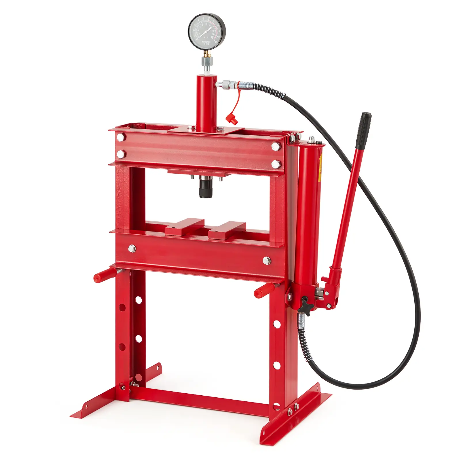 10 Ton Carbon Steel Hydraulic Shop Press, H-Frame, Pressure Gauge, Adjustable Worktable, Red