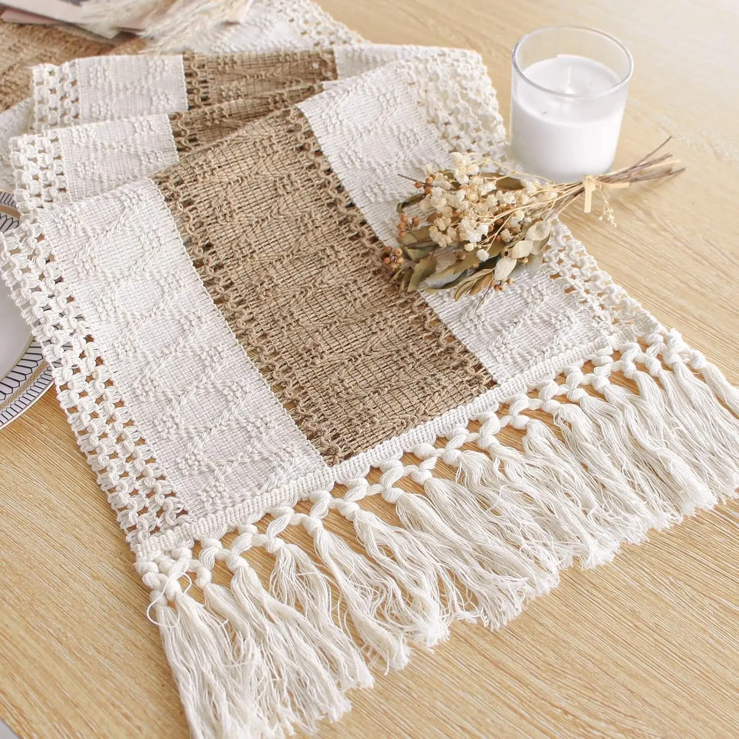 Boho Table Runner for Thanksgiving Fall Christmas Home Decor with Tassels 72 Inches Long Pottery barn Furniture Farmhouse Rustic Macrame Burlap Table Decoration for Living Room (12x72 Inches)