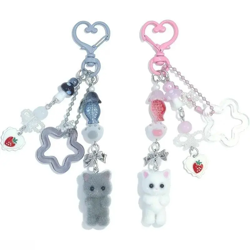 Ins Style Q-Edition Flocked Cartoon Cat Keychain, Soft Kawaii Bag Charm, Adorable Fashion Bag Decoration Gift, Cutecore, Womens Gifts, Accessories, Purse Accessories, Whimsical Accessories