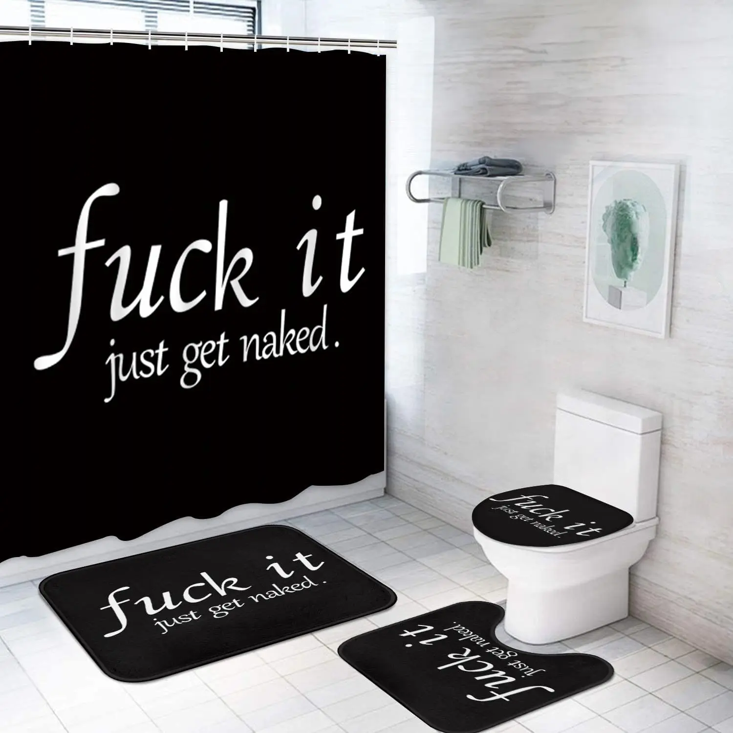 72x72 in Humor Quotes Funny Shower Curtain Set (4PC) - Bathroom Decor with Non-Slip Rug, Toilet Lid Cover, Bath Mat, and 12 Hooks