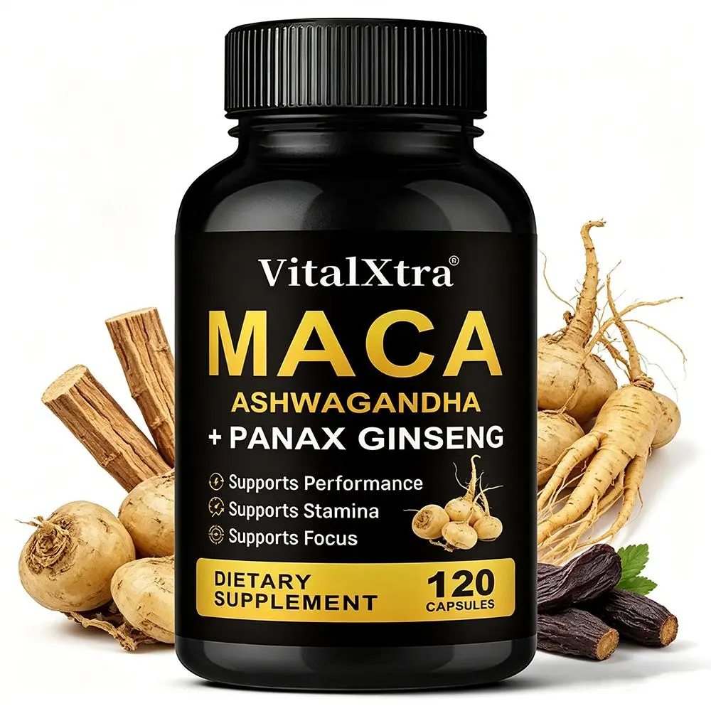 VitalXtra Maca Root Capsules - with Ashwagandha & Korean Panax Ginseng for Energy, Stamina & Focus, 120 Vegan Count