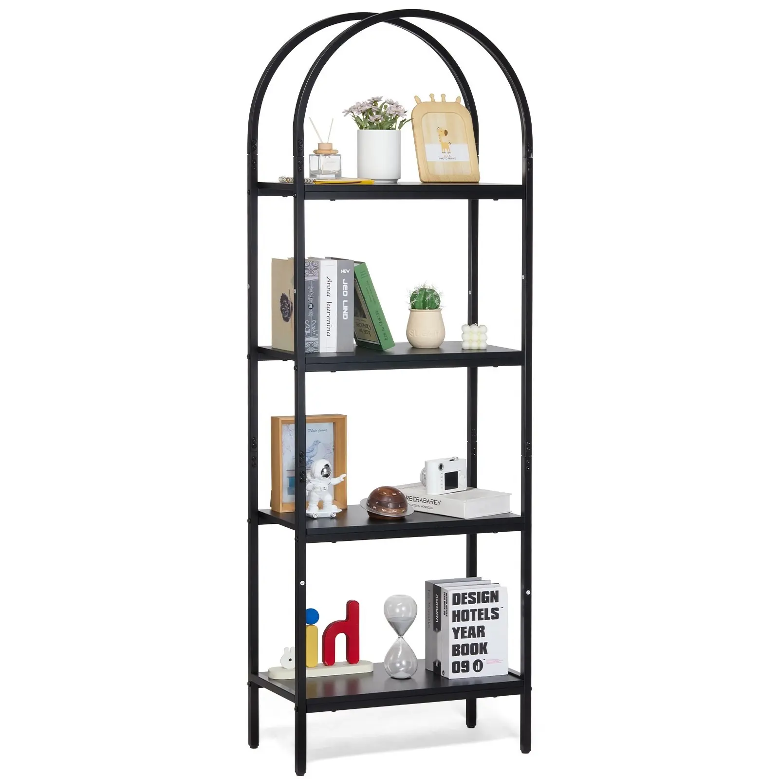 4-Tier Arched Industrial Metal Bookshelf - Heavy-Duty Metal Frame Open Storage Rack, Rustic Vintage Freestanding Unit with Adjustable Shelves, Durable Assembly-Required Easy-Install Decor for Living Room, Home Office
