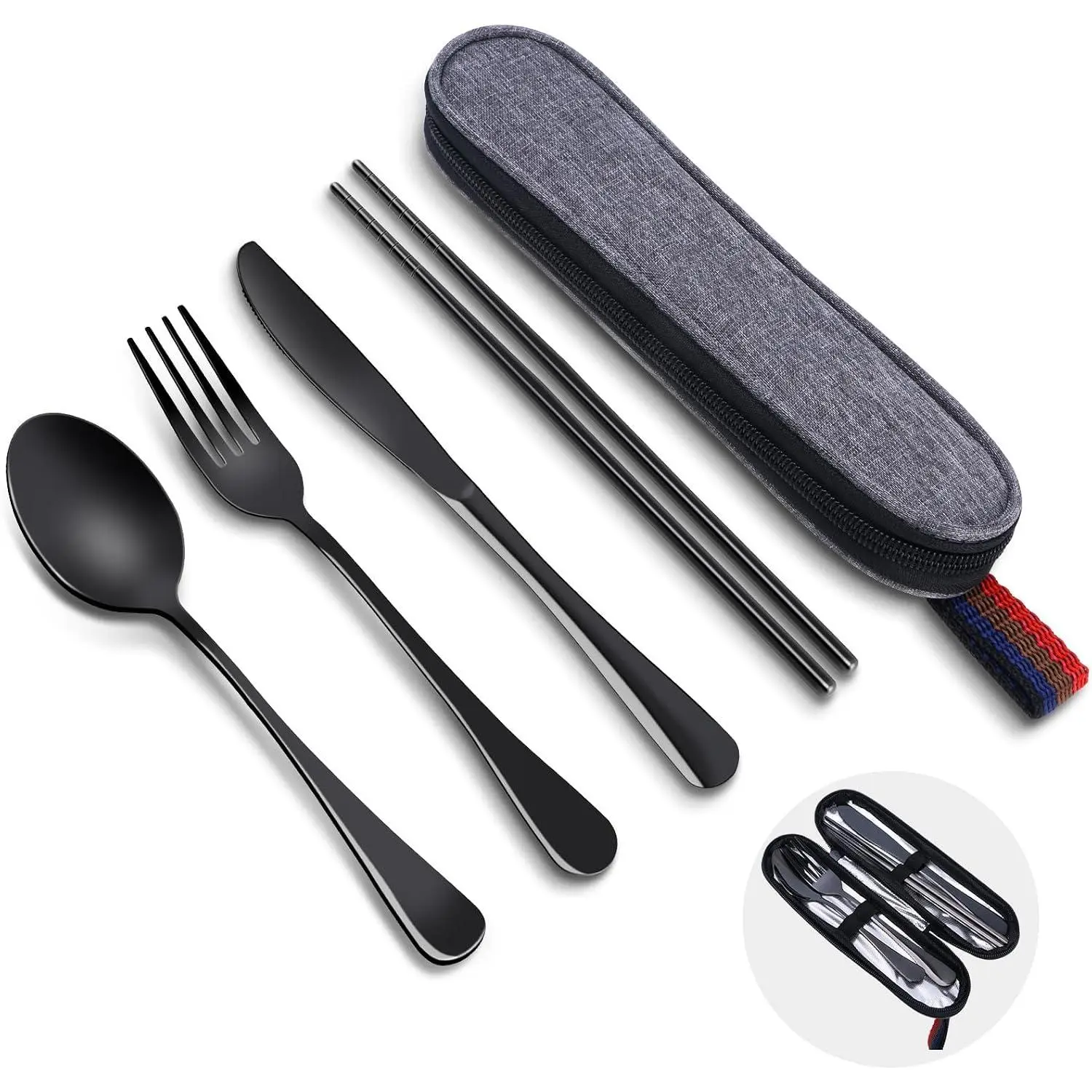 5 count Travel Utensils Set With Case, Stainless Steel, Black |  Flatware Set, Portable Silverware Set for Work, Dishwasher Safe, Ideal for Lunch, Camping, Picnics, Travel and Work