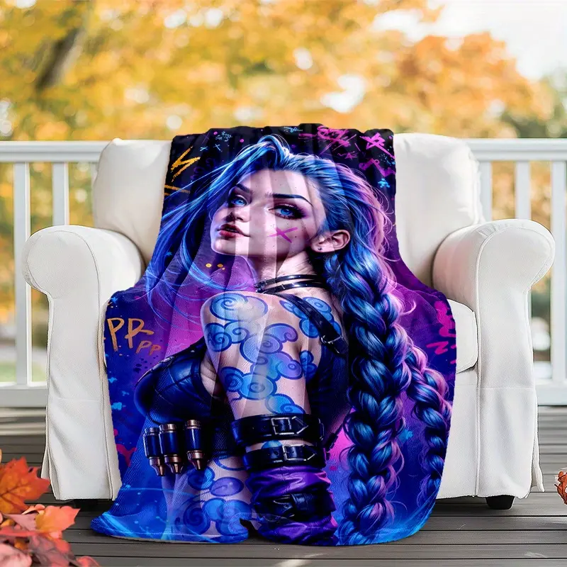 League of Legends Arcane Jinx Full Print Purple Blue Art Anti-Pilling Soft Fleece Flannel Throw Blanket