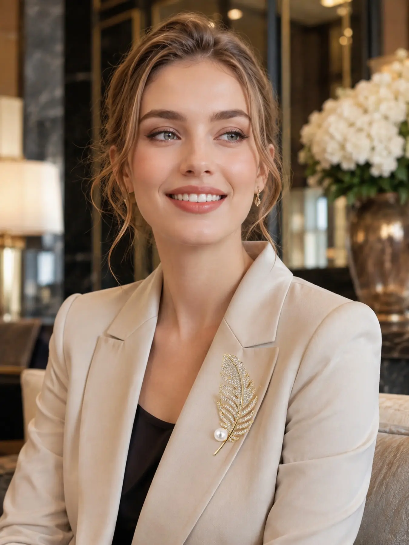 Gold Feather Pearl Brooch, Inlaid Shiny Zircon Elegant Lapel Pin, Alloy Brooch Pin, Vintage Fashion Jewelry for Women Suit Dress Scarf Wedding Daily Outfit Accessories
