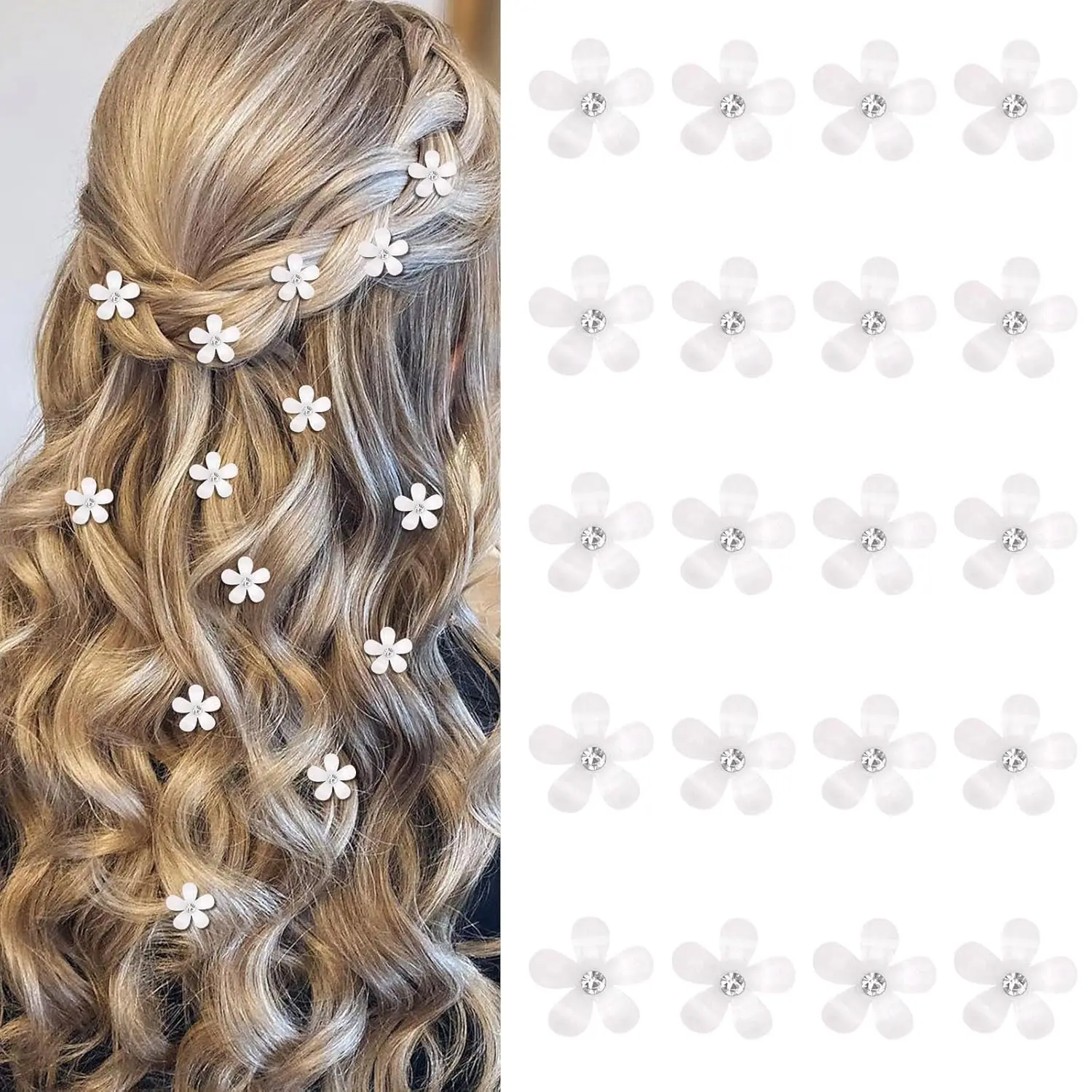 Women's 20Pcs Mini White Rhinestone Flower Hair Clips - Little Girl Hair Clips, Decorative Pins, Hairpins for Wedding Bridal Use, All Seasons Accessory