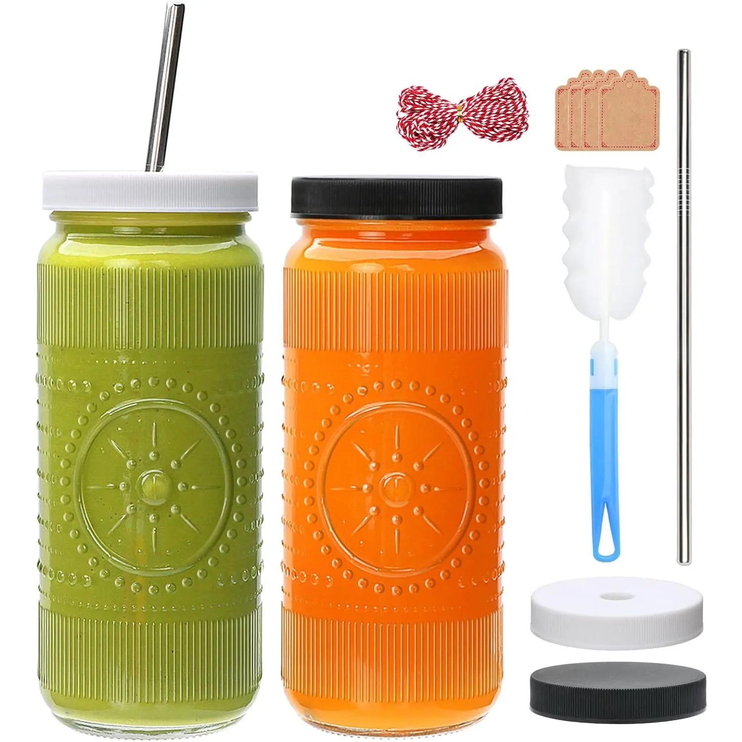 Glass Juice Bottles 16 oz, Juicing Bottles with  and Straws, Juice Containers Glass Smoothies Jars for Kombucha,Water, Iced Coffee,Party,Travel,2 Pack