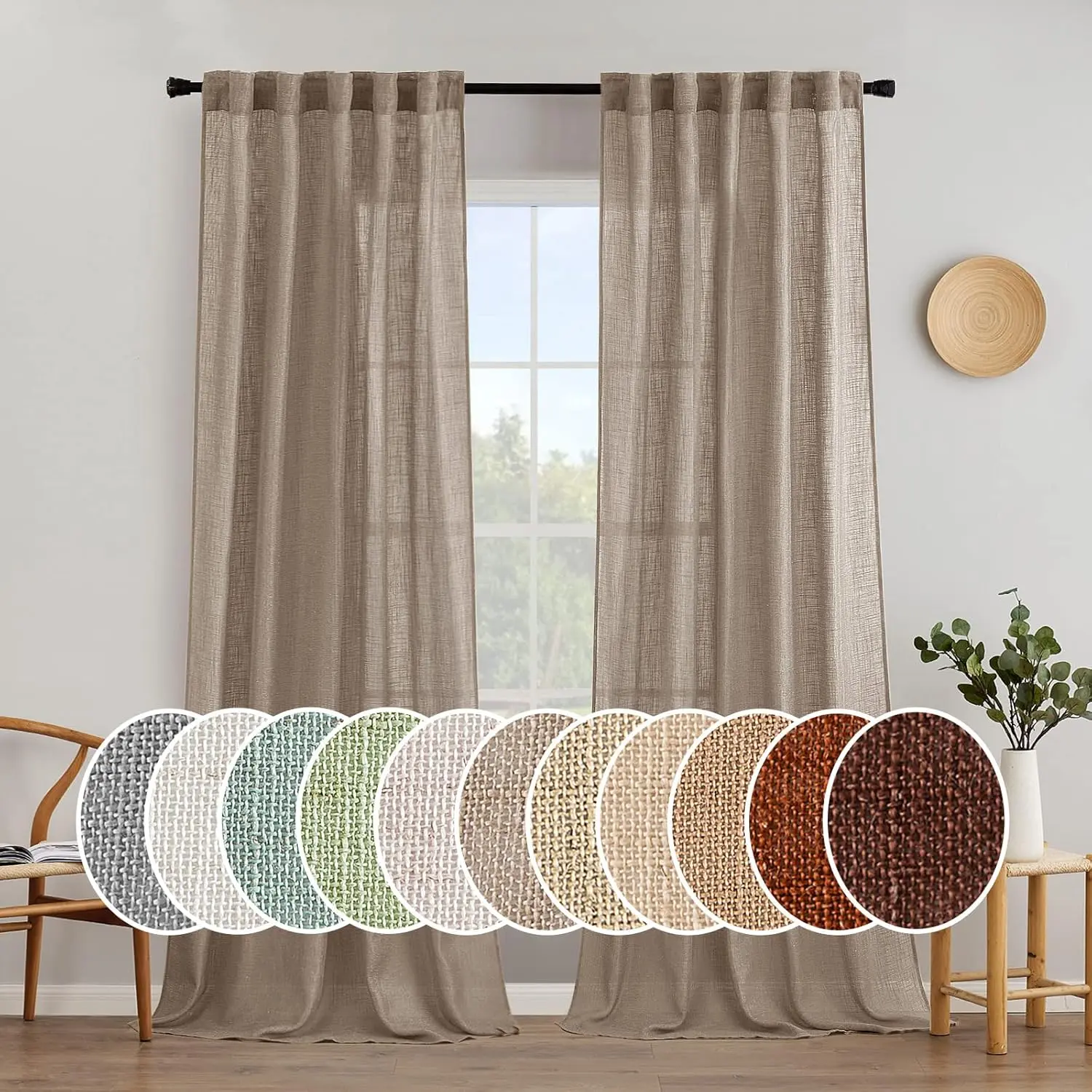 Taupe Farmhouse Tab Curtains - 90 in Long Length, Linen Texture Burlap Look Solid Look Drapes, Soft Thick Semi Sheer Light Filtering Privacy Added Window Treatments for Bedroom, 2 Panels, Two Panels