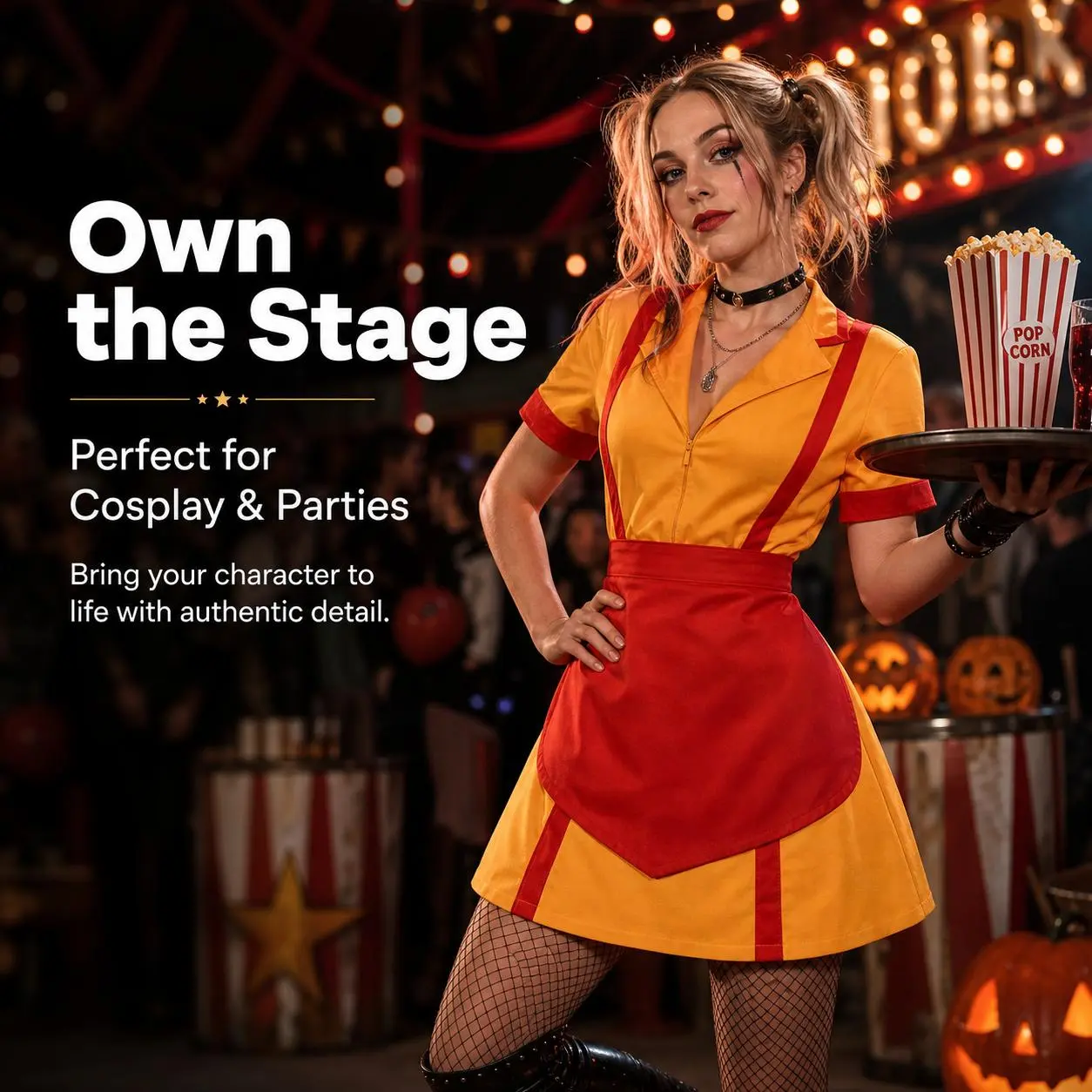 Girl Circus Fast Food Waitress Cosplay Dress, Red Yellow Maid Uniform Stage Performance Costume for Halloween Party,clothes for back to school,first day of school outfits