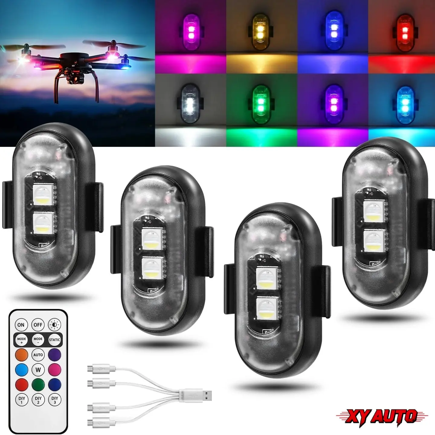 4PCS Rechargeable Waterproof Wireless RGB LED Strobe Flashing Lights with Remote Control, Multiple Color Modes, Easy Setup Car Decor Accessories for Cars, Bikes, Drones & Outdoor Decor