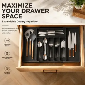 Expandable Cutlery Organizer, Adjustable Kitchen Drawer Divider for Utensils, Multi-Compartment Storage Tray for Knives, Forks & Spoons, Fits Most Drawers