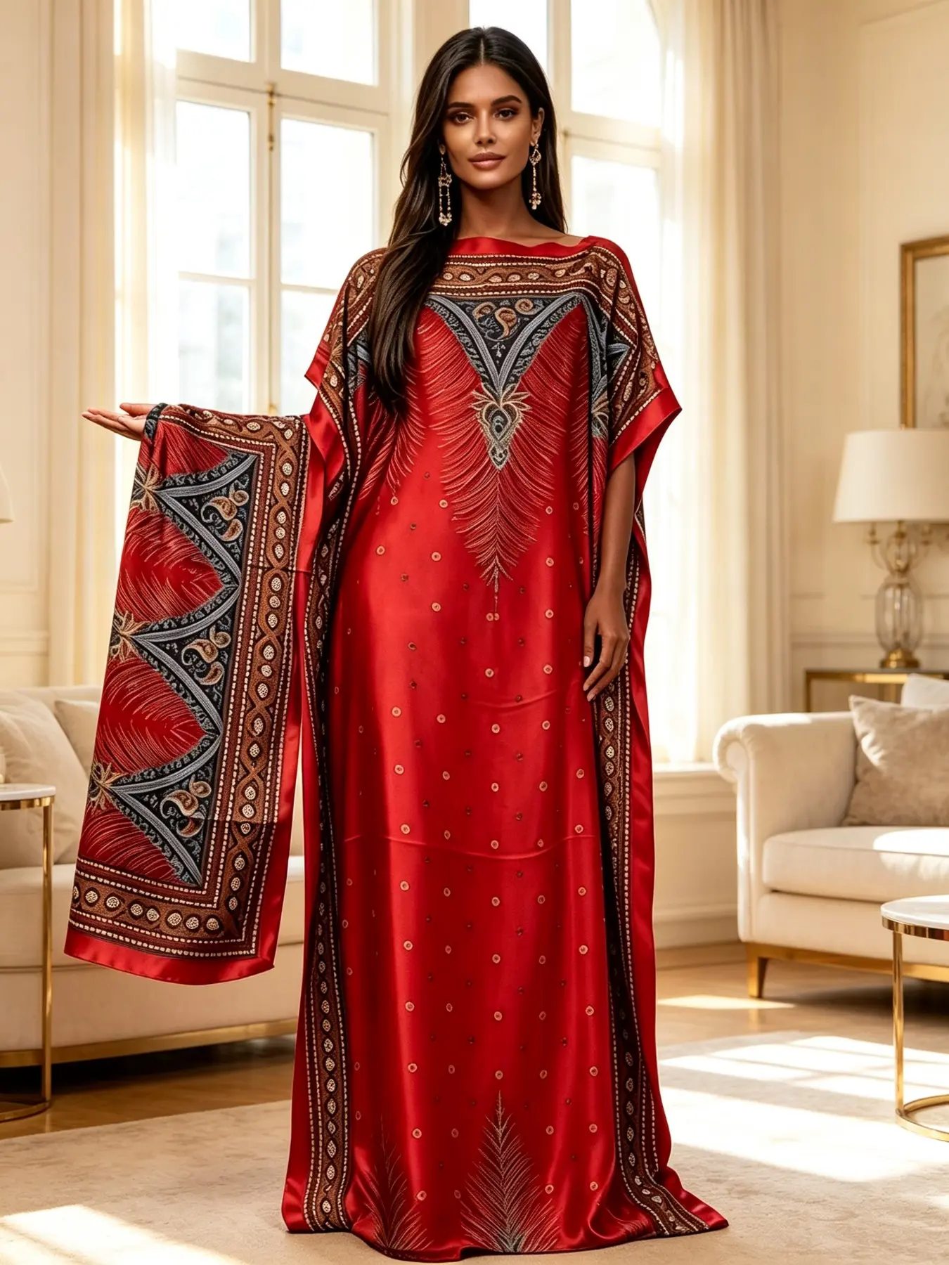 Plus Size Women's Two-Piece Satin Kaftan Set, Gold Feather Print, Loose Fit, Casual Home Beach Vacation Wear, Includes Matching Headscarf
