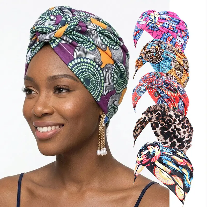 Viral African Ankara Print Twist Knot Turban Beanie Stretch Soft Slip On Headwrap Full Hair Coverage Tribal Floral Pattern Women Church Party Daily Wear