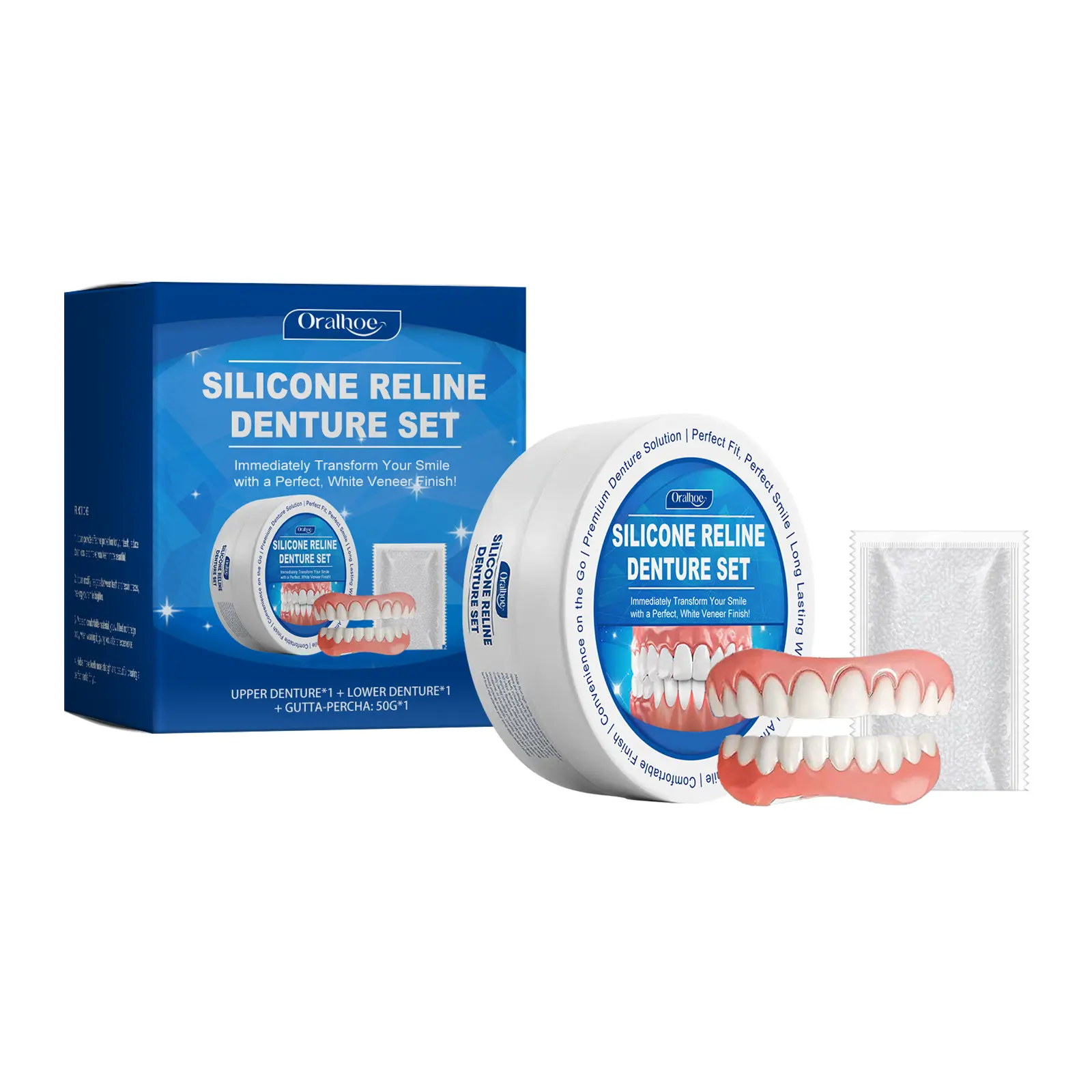 Oralhoe Cosmetic False Teeth Kit, a comfy removable smile enhancer. Soft, well-fitted teeth covers create a natural attractive smile for social use. Buy 1 Get 1 Free, 2 sets total. This kit relines loose dentures only, not for wear as new dentures.