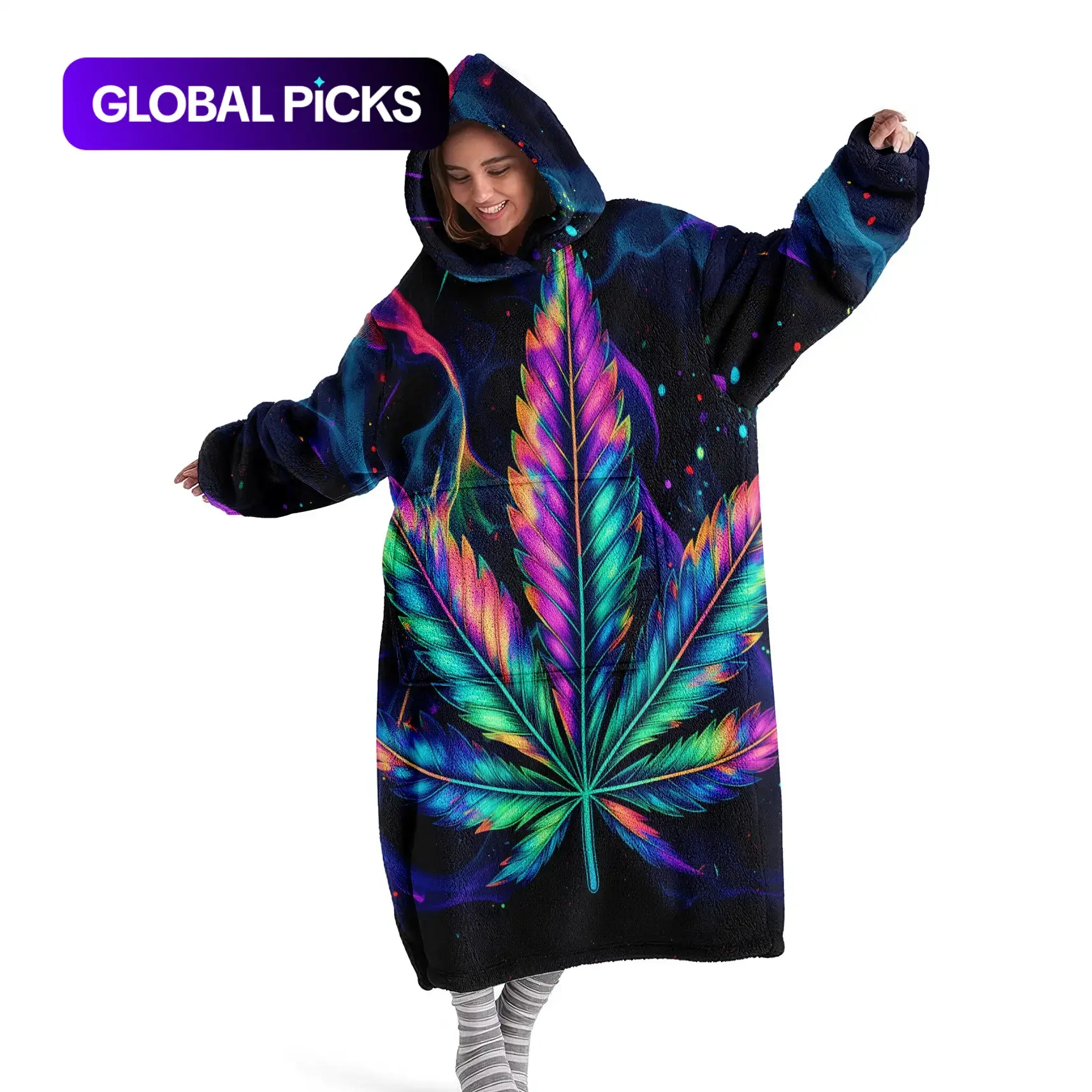 Hooded Blanket, Wearable Blanket, Sleepwear Blanket Hooded, Portable Wearable Blanket, Women's Fleece-Lined Bathrobe, Pajamas, Neon Feather Print Thickened Loungewear Perfect for winter lounging at home, ideal gift for Christmas or Valentine's Day