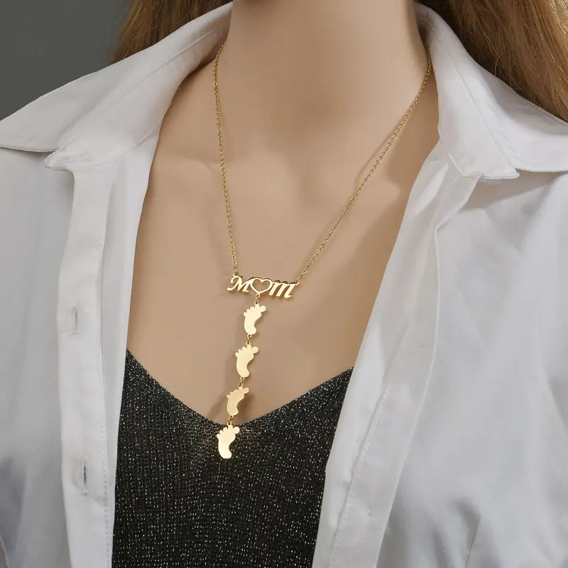 Acheerup Personalized Engraved Name Footprints Jewelry - Custom Engraving Stainless Steel Unisex Wear, Mom Women Kids Family Baby Gift, Squash Blossom Meaningful Costume Fashion Accessory