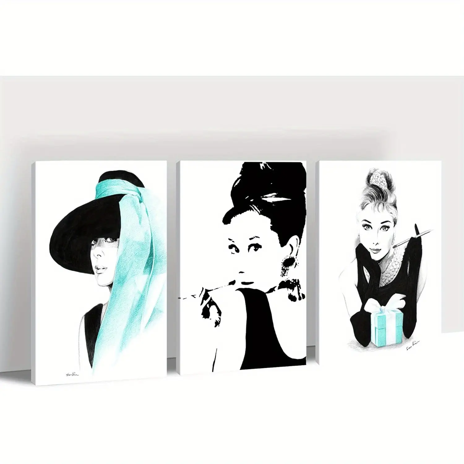 3pcs Framed Audrey Hepburn Portrait Wall Art - Black & White Mid-Century Modern Decorative 2D Flat Prints, Ready-to-Hang, Gift for Living Room, Bedroom Iconic Faces Collection