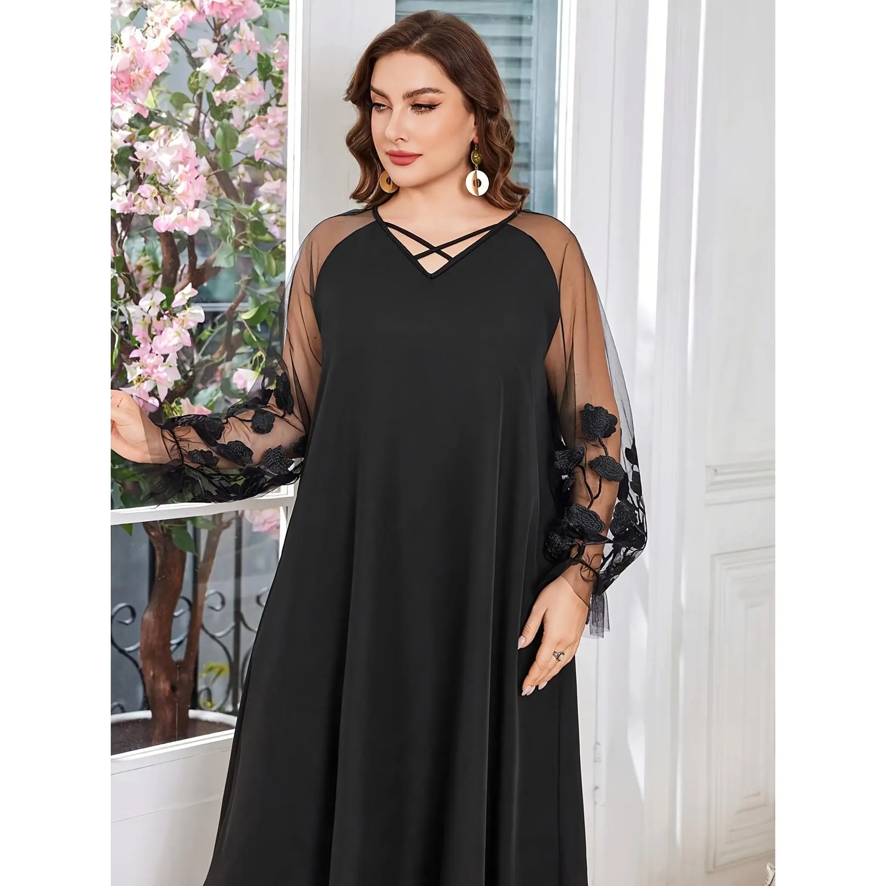 Plus Size, Plus-size Women's Long-sleeve Mesh-paneled Dress with Transparent Mesh Contrast Detailing, Suitable for Vacation Wear, a Romantic Summer Dress for Women, an Elegant Women's Dress, a Spring Women's Dress