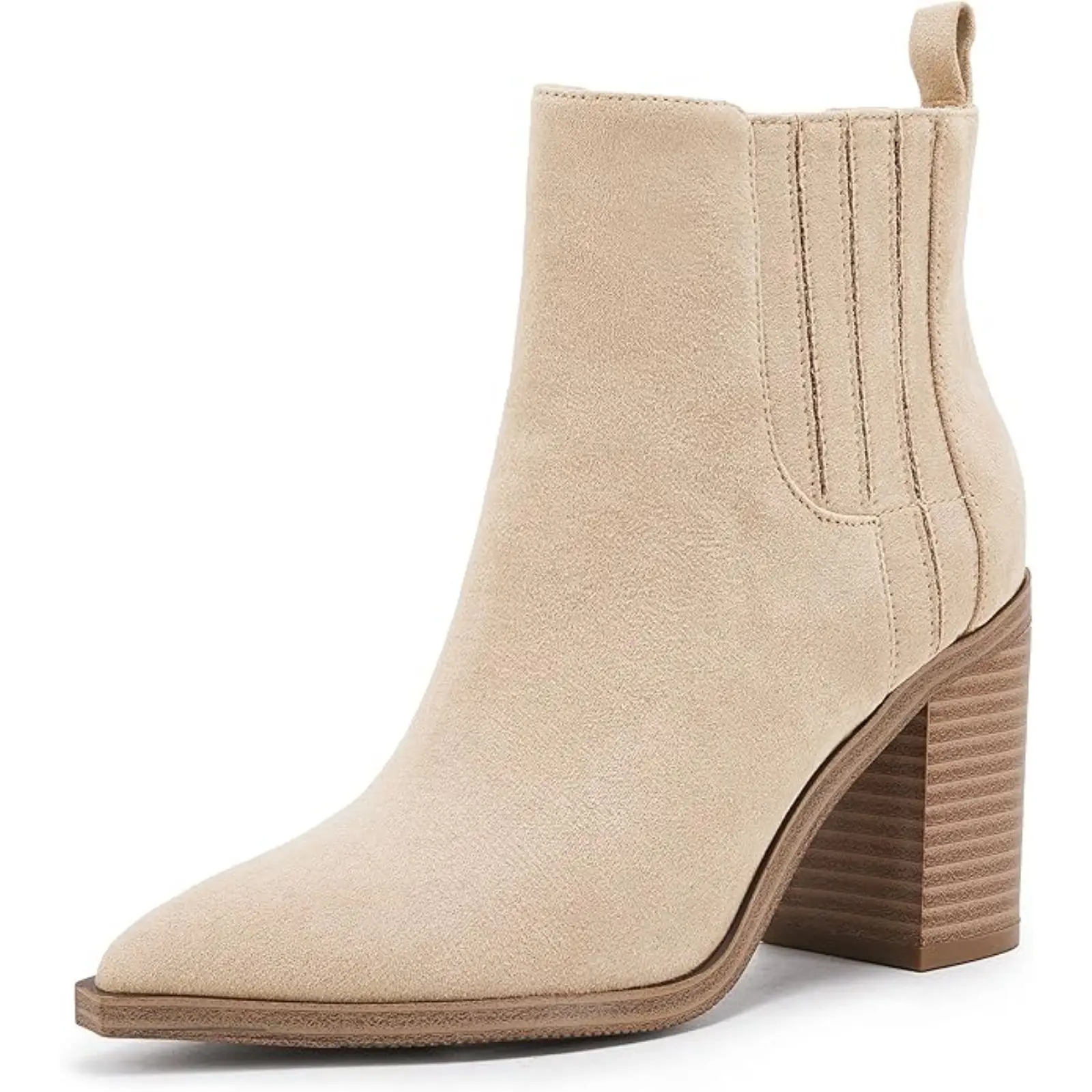 Coutgo Womens Ankle Boots Slip on Pointed Toe Chunky Block Mid Heel Leather Elastic Panel Casual Chelsea Western Booties tiktokshopbacktoschool