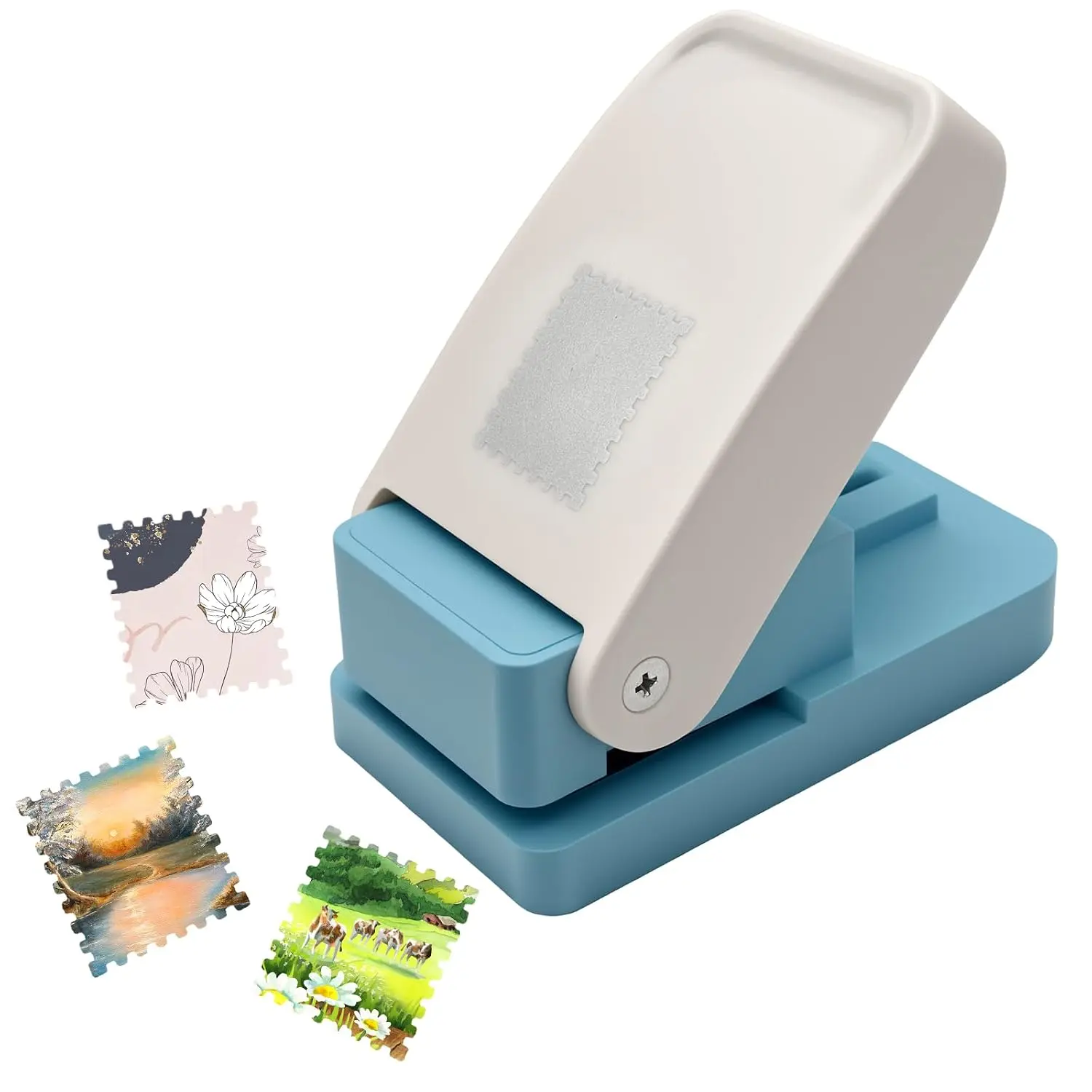 Modern Plastic-Steel Rectangle Postage Punch - 1x0.8in Lever Action Paper Tool with Lockable Closure, Punches Holes for Scrapbooking, DIY Card Making