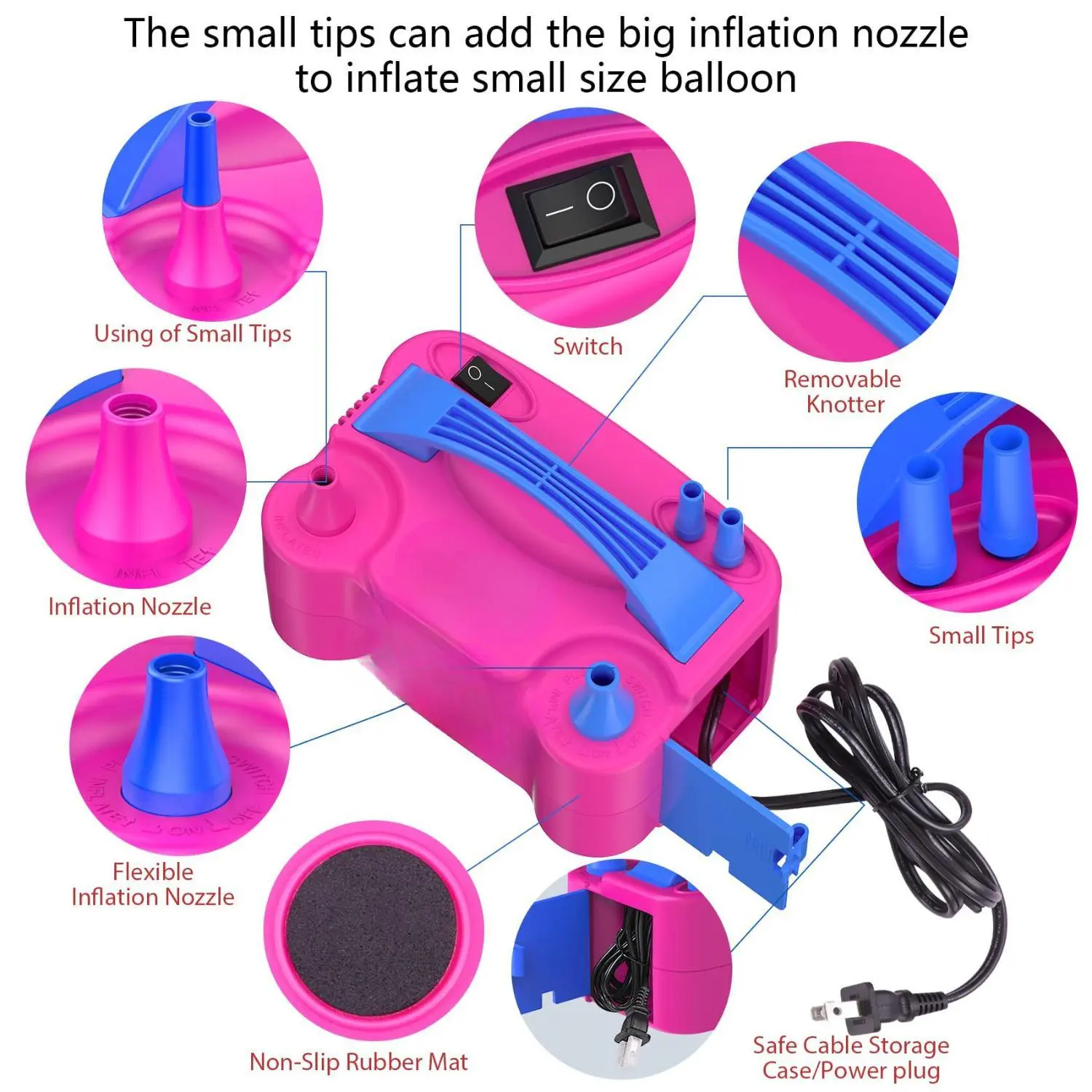 Electric Balloon Pump, Portable Balloon Inflator/Blower Machine with Balloon Tie Tool and Dual Nozzles
