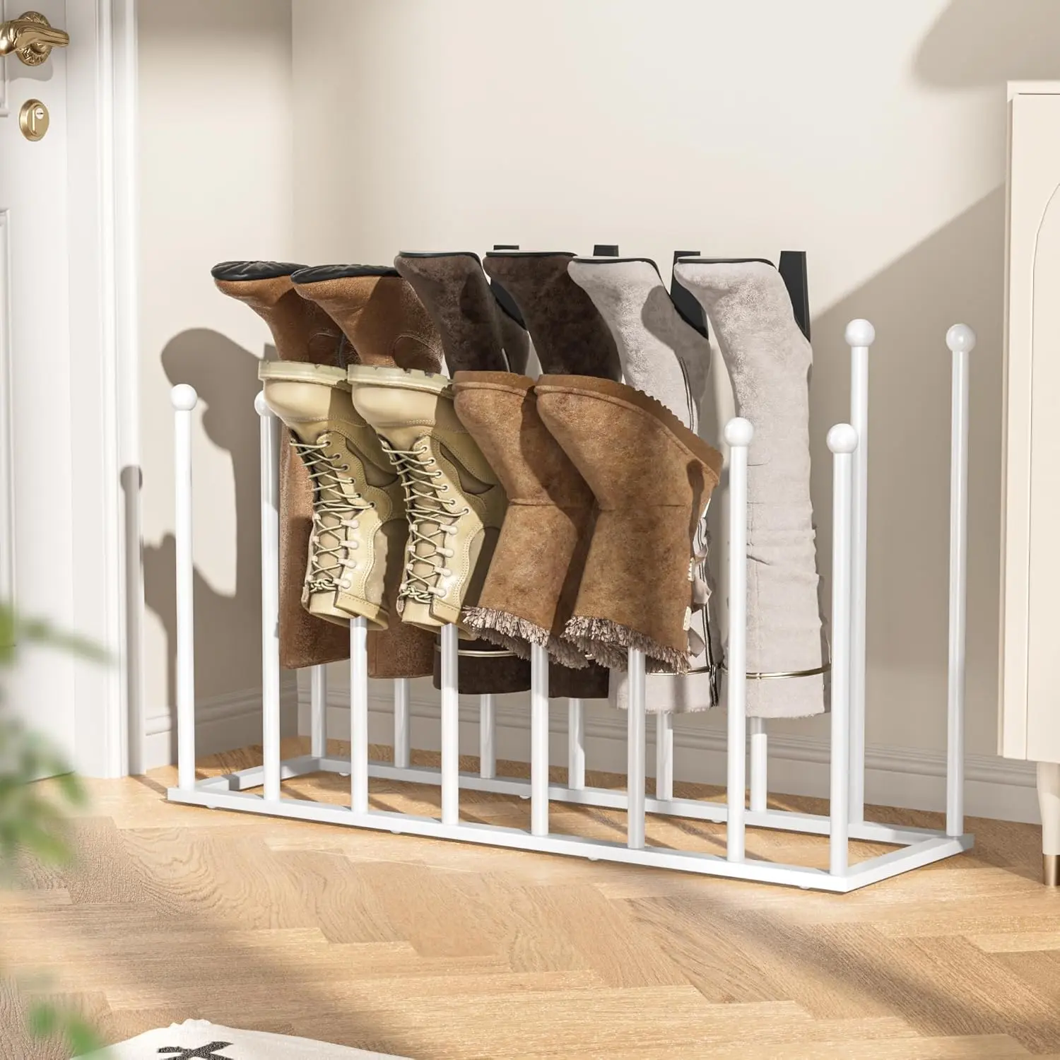 Freestanding Boot Rack, Shoe Storage Organizer Fit for 8 Pairs, White | 19.5 Inch Metal Boot Rack Organizer Tall Boots for Dorm Room, Closet, Entryway, Bedroom, Patio Outdoor, Hallway